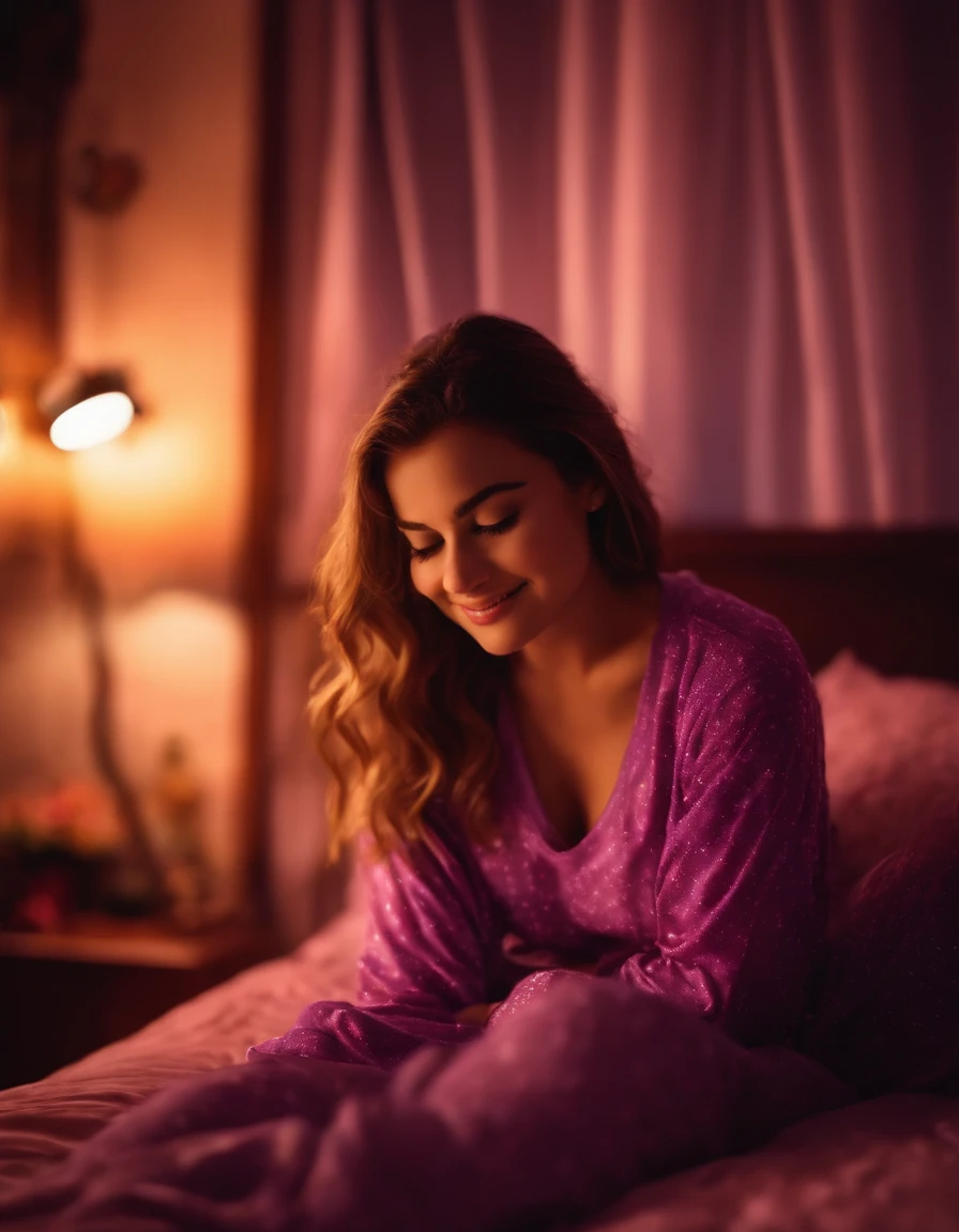 Crie uma imagem estilo Disney Pixel de uma menina de pijama roxo em um cinema de TV com filmes, A very romantic atmosphere with lights and the background has to be active and she very happy