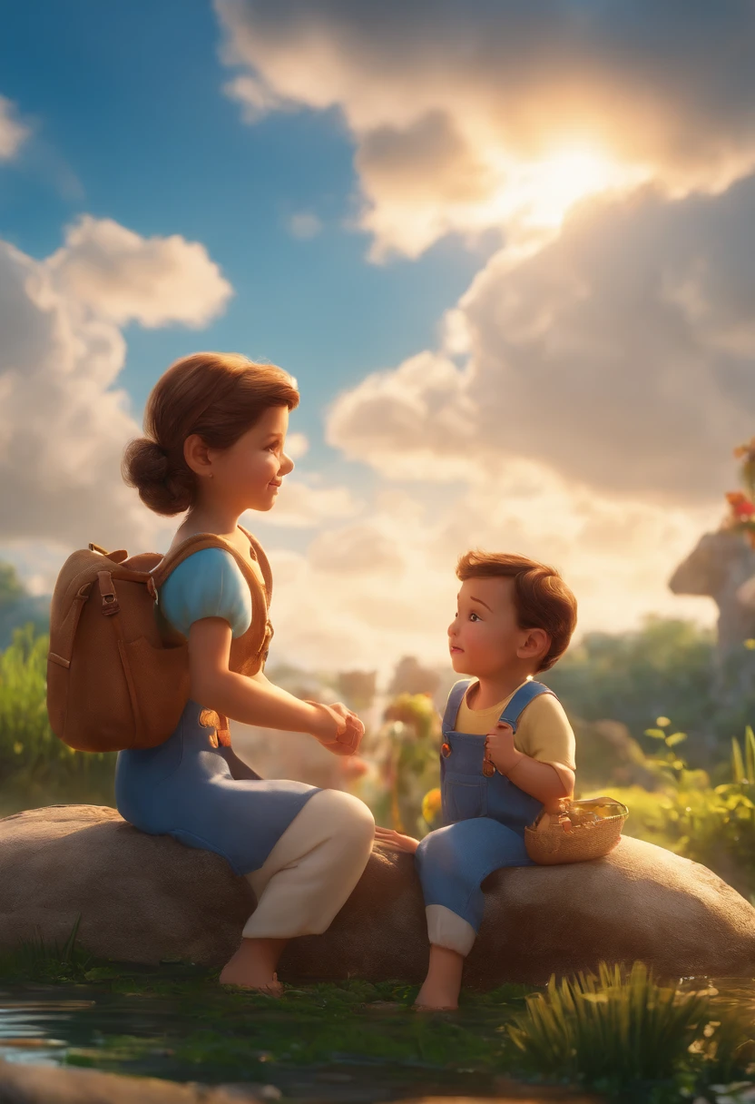 movie picture quality,Disney animation,Disney animated films,2 little girls sitting on a giant koi,1 little boy sitting behind, Thick clouds under your fee,Denim suspenders,The barefoot,depth of fields,high light,Real light,Ray traching,oc rendered,Hyper-realistic,best qualtiy,8K,Works of masters,super-fine,Detailed pubic hair,Correct anatomy,sharp focus on eyes,Bokeh,Facial features are carefully depicted
