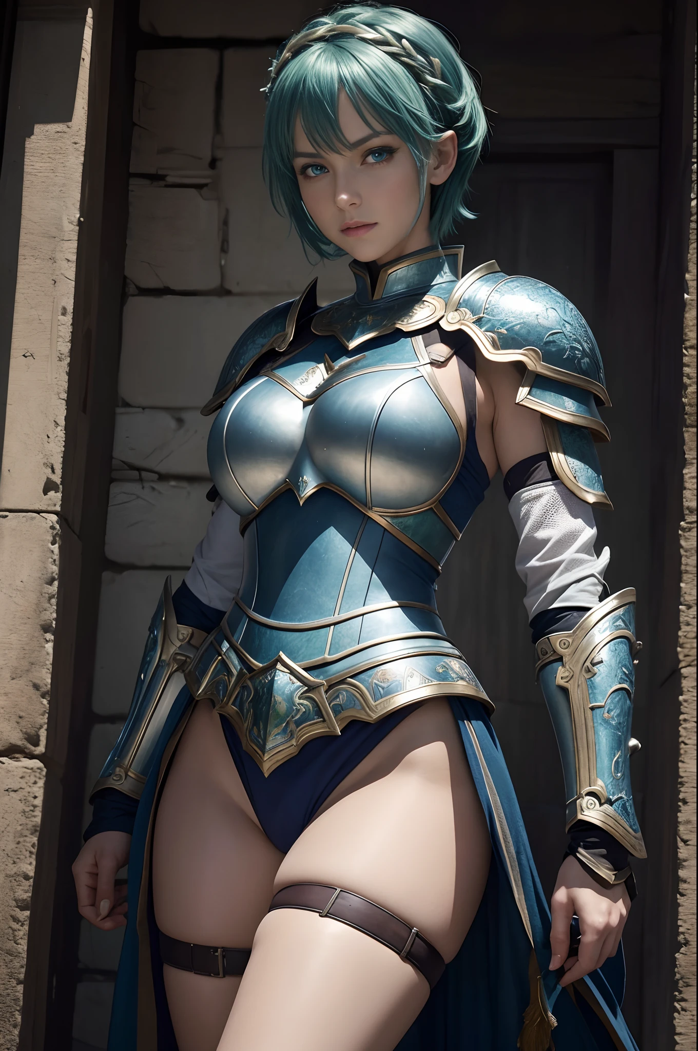 8K,超A high resolution,((Top image quality)), ((masterpiece)), (high-detail:1.3), jeanne d'arc,Blue eyes,Shorthair with green hair,A MILF,large full breasts,Attention to detail in the decoration of the sexy chest armor,Waist and leg armor,Round shield on the left arm,beautiful expression,enchanted,A sexy,Scenes of armor damage during the war