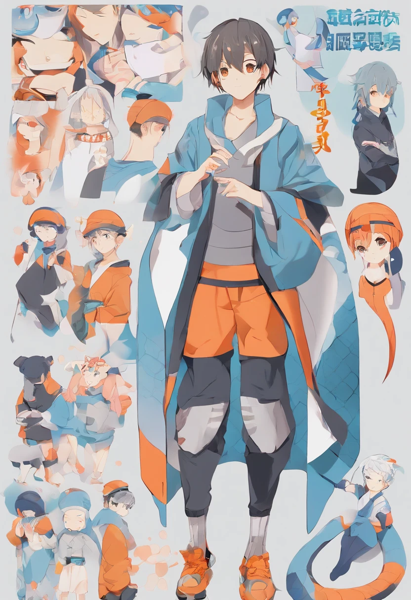 Character sheet, character, Original Character, Style, Stylized, soft colors, blue to orange range, grey background, no background, adoptable, human, snake tongue, cute, draconic vibe, baggy clothes, shorts, concept art, conceptual art