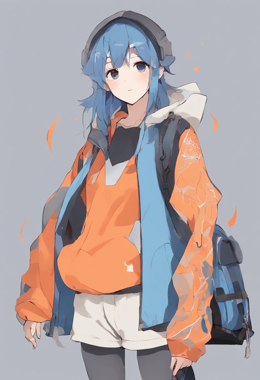 Character sheet, character, Original Character, Style, Stylized, soft colors, blue to orange range, grey background, no background, adoptable, human, snake tongue, cute, draconic vibe, baggy clothes, shorts, concept art, conceptual art