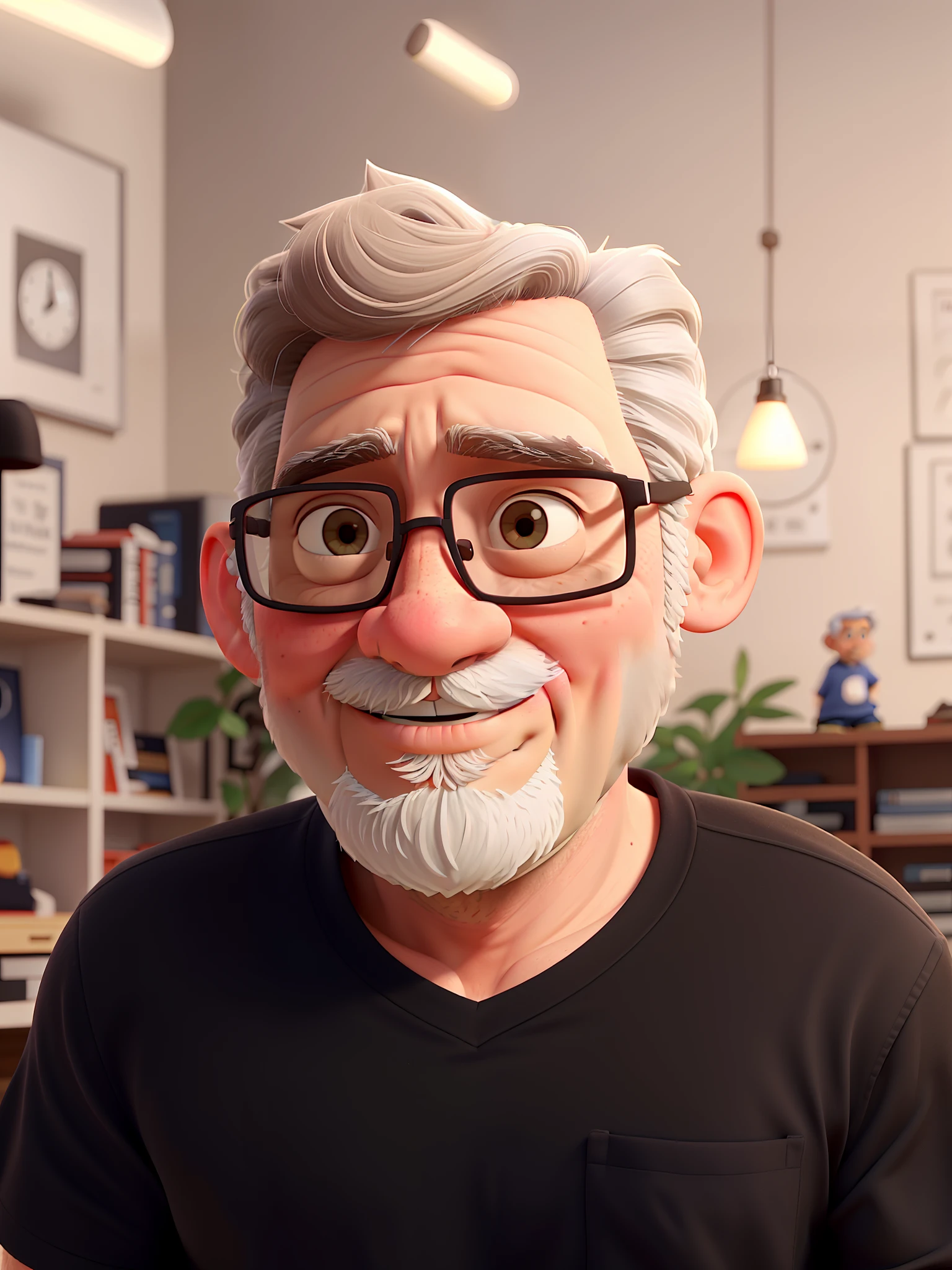 a 50-year-old gray-haired white man, chubby, wearing prescription glasses, a very short, almost black beard, very short, stocky hair, light brown eyes, wearing a white Tommy t-shirt
