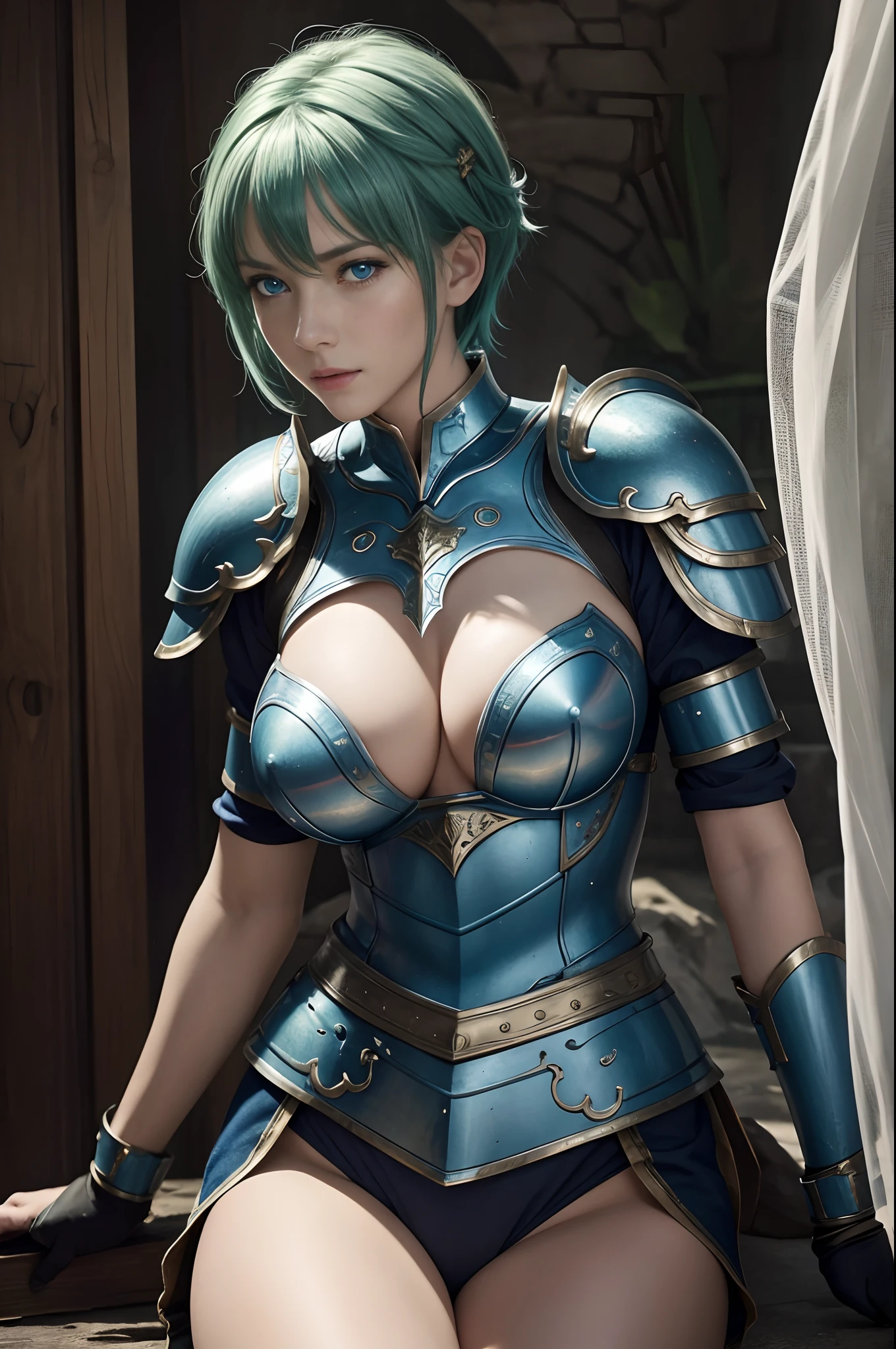 8K,超A high resolution,((Top image quality)), ((​masterpiece)), (high-detail:1.3), jeanne d'arc,Blue eyes,Shorthair with green hair,A MILF,large full breasts,Attention to detail in the decoration of the sexy chest armor,Waist and leg armor,Round shield on the left arm,beautiful expression,enchanted,A sexy,Scenes of armor damage during the war