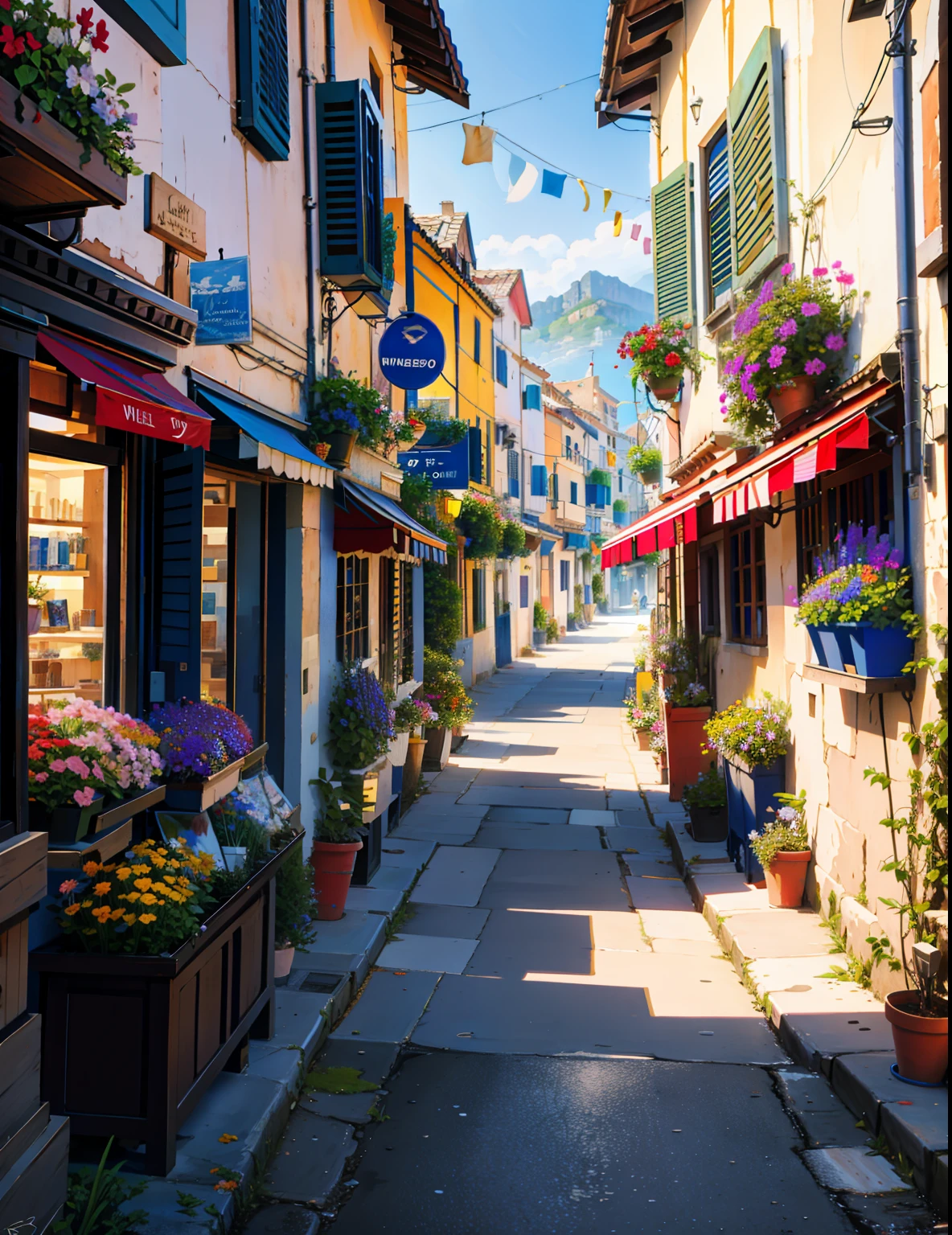 painting of a street with a flower shop , flowers, beautiful art uhd 4 k, a beautiful artwork illustration, beautiful digital painting, highly detailed digital painting, beautiful digital artwork, a bustling magical town, mediterranean fisher village, mediterranean city, detailed painting 4 k, ancient mediterranean village, very detailed digital painting, rich picturesque colors, gorgeous digital painting