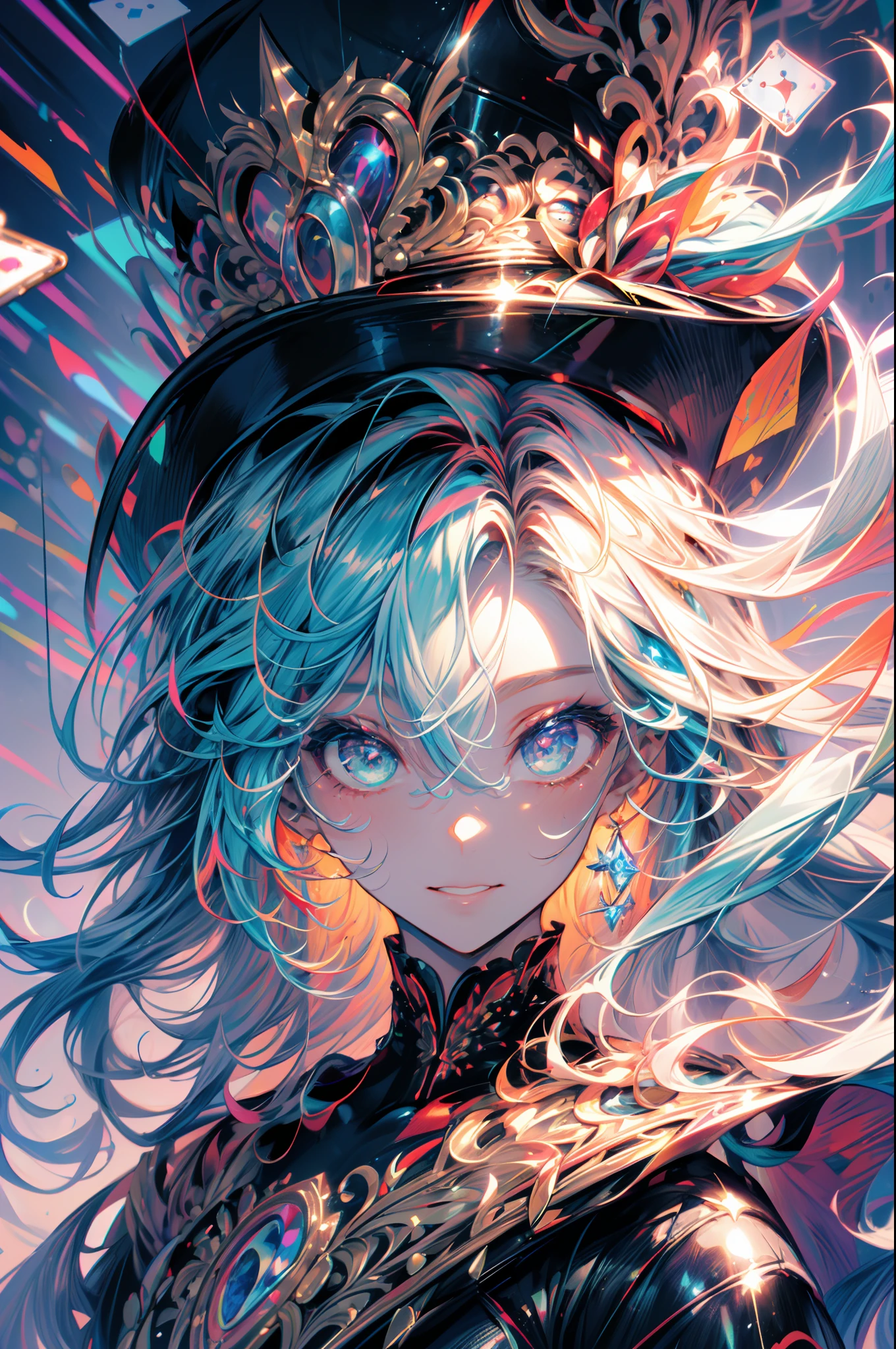 (best quality,highres,masterpiece:1.2),ultra-detailed,portrait,realistic,magician,female,mysterious,expressive,detailed eyes,detailed lips,detailed face,detailed top hat,long eyelashes,flowing hair,beautiful smile,floating playing card,flying cards,glowing cards,dark background,sparkling lights,levitation,detailed clothes,ornate embroidery,lace trim,magical atmosphere,smoke effects,colorful,stage performance,illusion,mystery,elegance,vibrant colors,soft lighting