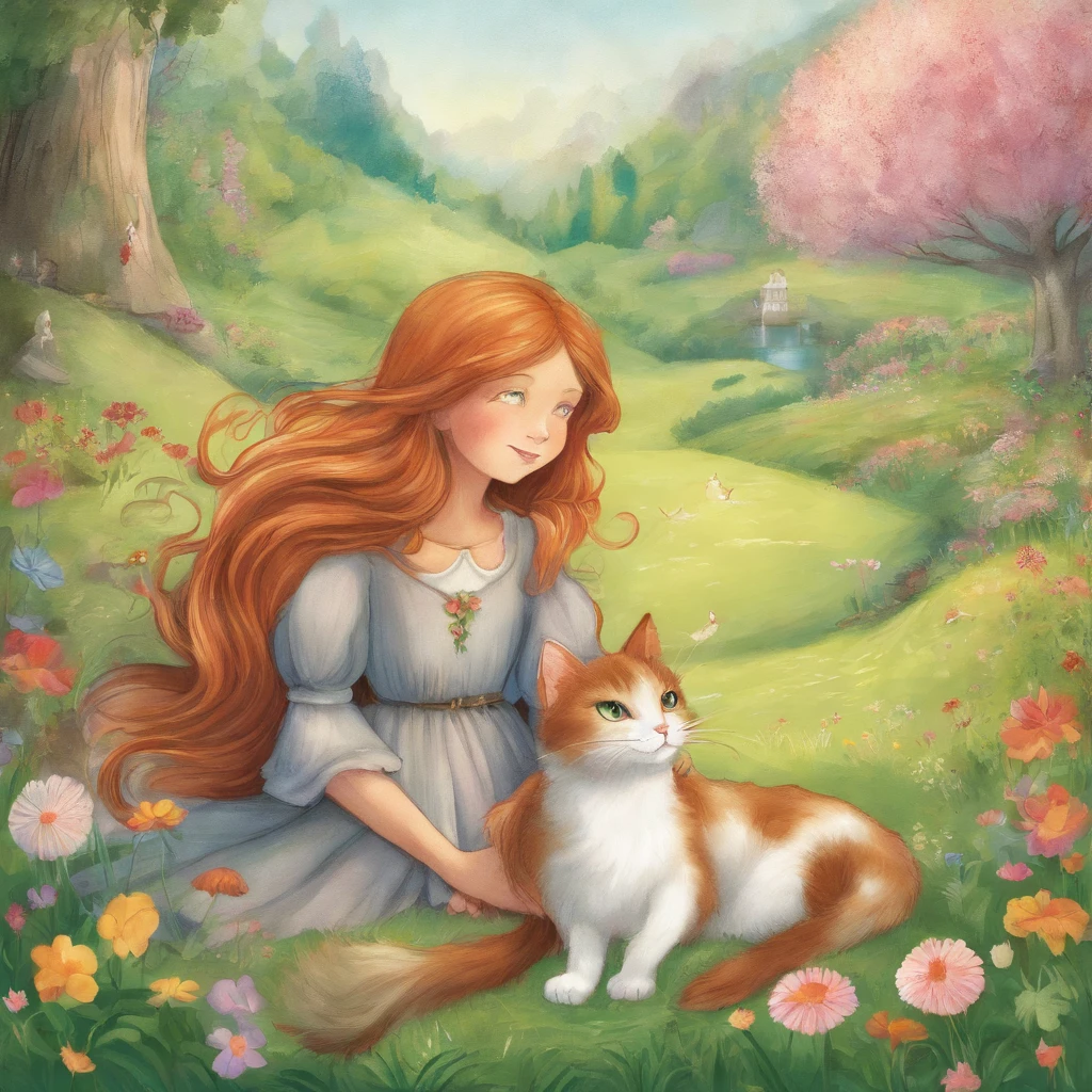 A -yeld chnut-haired girl and a light gray cat are basking in the sun on the lawn of a sun-drenched park a lot of flower Fantastic and happy feeling The overall design is classical and the color is strong mosgreen Picture book illustrations