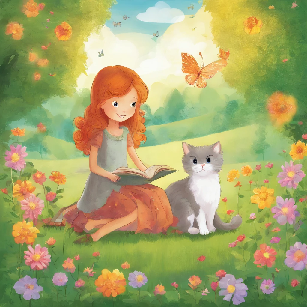 A -yeld chnut-haired girl and a light gray cat are basking in the sun on the lawn of a sun-drenched park　a lot of flower　Fantastic and happy feeling　The overall design is classical and the color is strong mosgreen 　Picture book illustrations