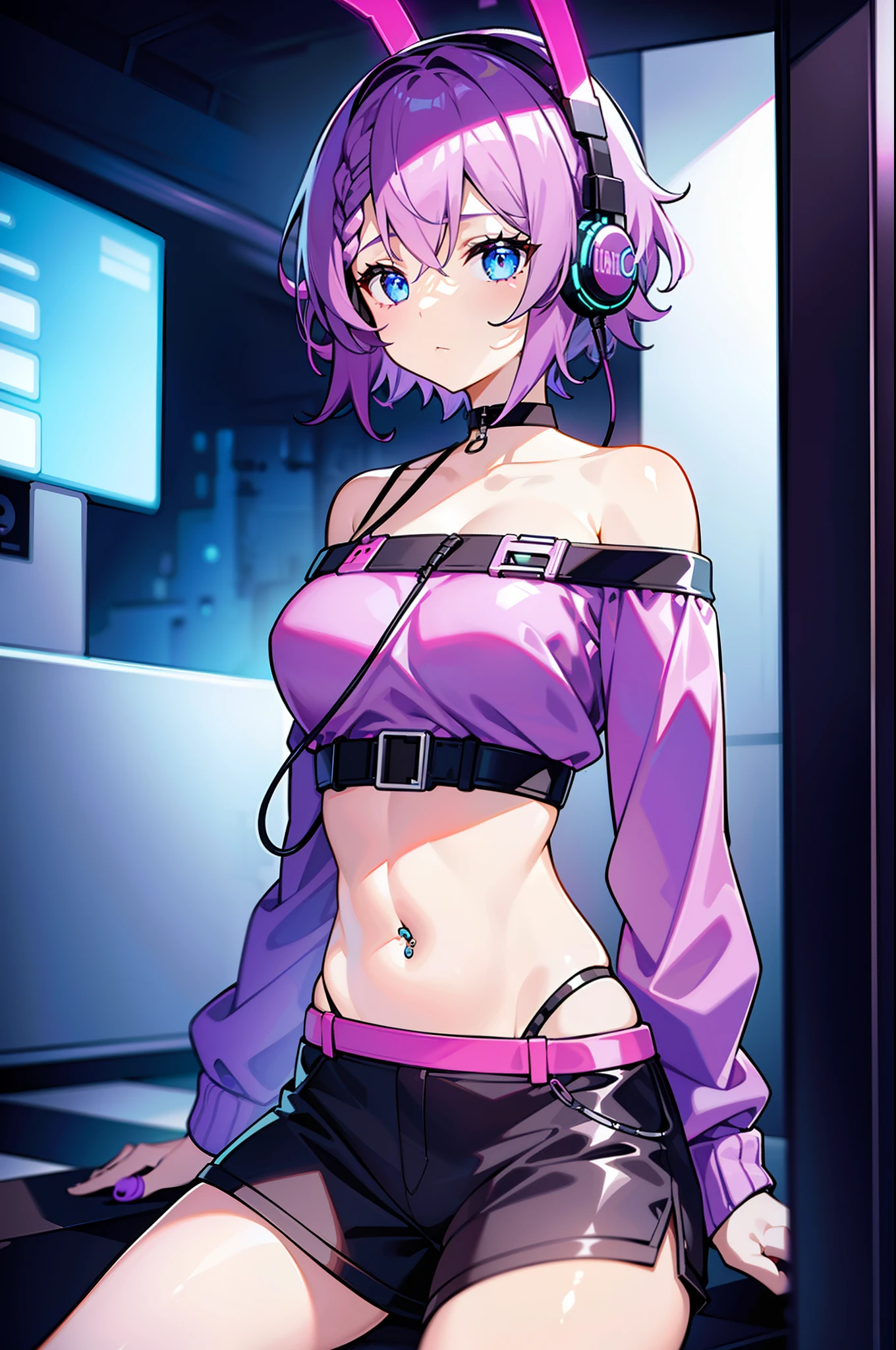 projektmelody, <lora:melodyv2-lora-nochekaiser:1>, 
melody, hair ornament, multicolored hair, ponytail, purple hair, sidelocks, streaked hair, triangle hair ornament, two-tone hair,  aqua eyes, (small breast:1.2),
BREAK bandaid, bandaid on face, bandaid on nose, bare shoulders, (belt bra:1.5), elbow gloves, fingerless gloves, gloves, grey gloves, grey leotard, grey thighhighs, high heels, leotard, ponytail, thighhighs, white footwear,
BREAK looking at viewer,
BREAK indoors, 
BREAK <lyco:GoodHands-beta2:1>, (masterpiece:1.2), best quality, high resolution, unity 8k wallpaper, (illustration:0.8), (beautiful detailed eyes:1.6), extremely detailed face, perfect lighting, extremely detailed CG, (perfect hands, perfect anatomy),