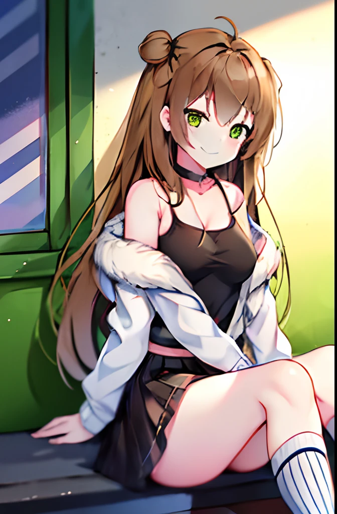 1girl, absurdres, blush, brown_hair, chinese_commentary, choker, commentary_request, convenient_censoring, dog_tags, fur_trim, girls'_frontline, green_eyes, highres, jacket, long_hair, looking_at_viewer, radiation_symbol, rfb_(girls'_frontline), sitting, skirt, smile, snowyoooooo, socks, solo, striped, striped_socks, tank_top, vertical-striped_socks, vertical_stripes