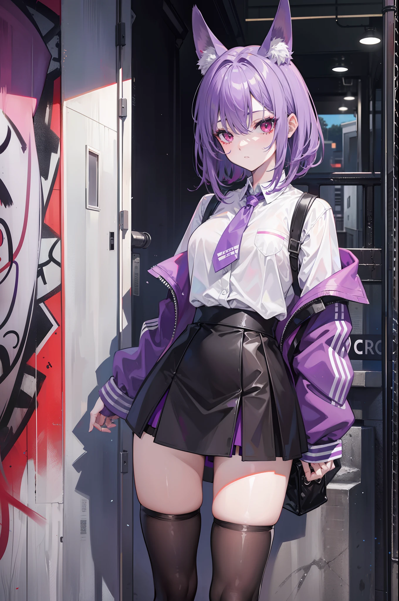 4k画质,Highest high resolution,Gray-purple bangs,Red eyes,20yr old,woman,Graffiti walls,street corner,short skirt,blackstockings,God perspective,Clear face,Detailed eyes,