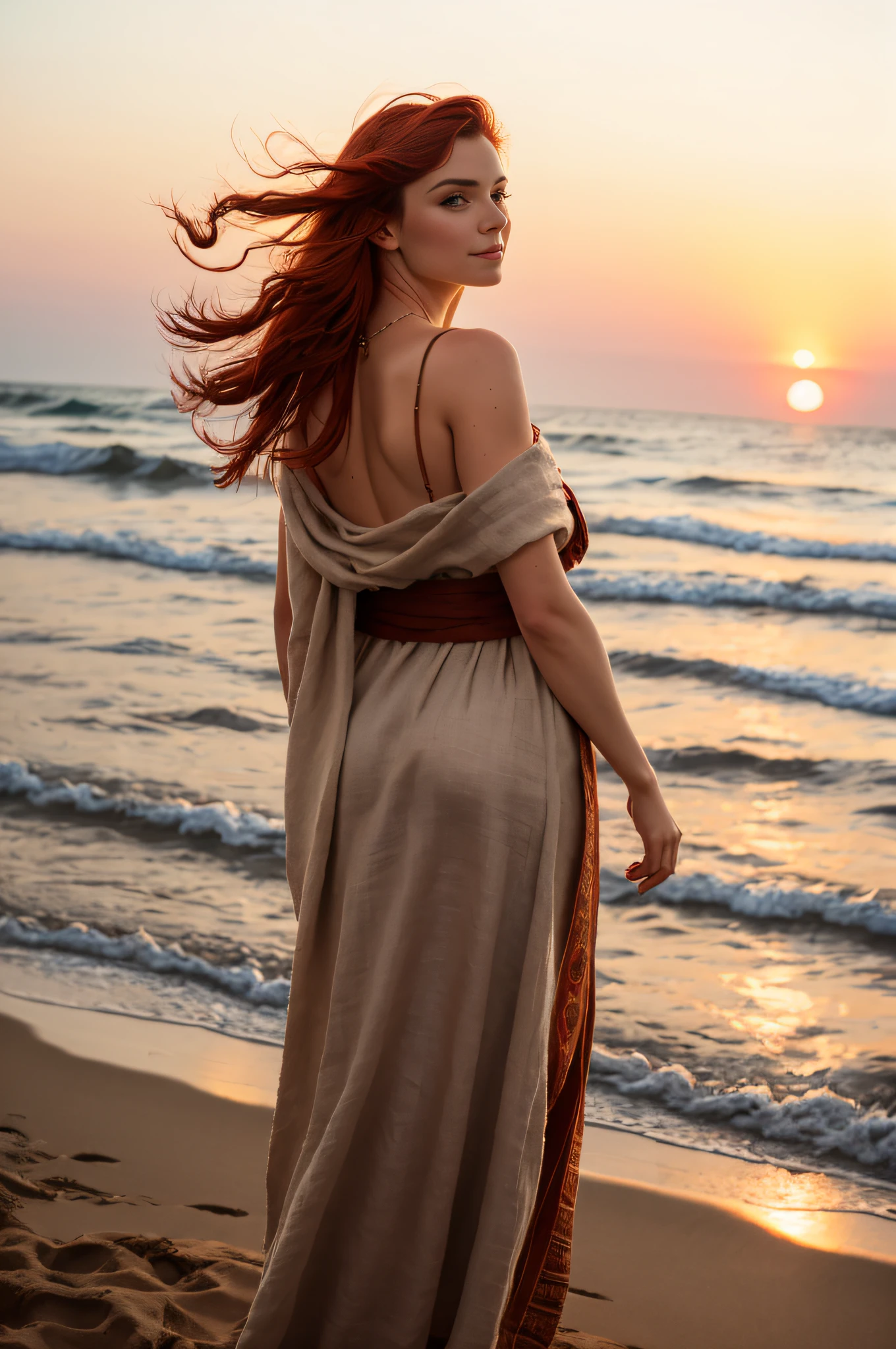 Portrait of a 21-year-old red-haired French woman, small build, dressed in an antique Roman linen toga, on a beach, dynamic position, (right hand in hair), (left hand on buttock), head bowed, seduction, charm, slight charming smile, sunset, cinematic rendering, 32K, RAW