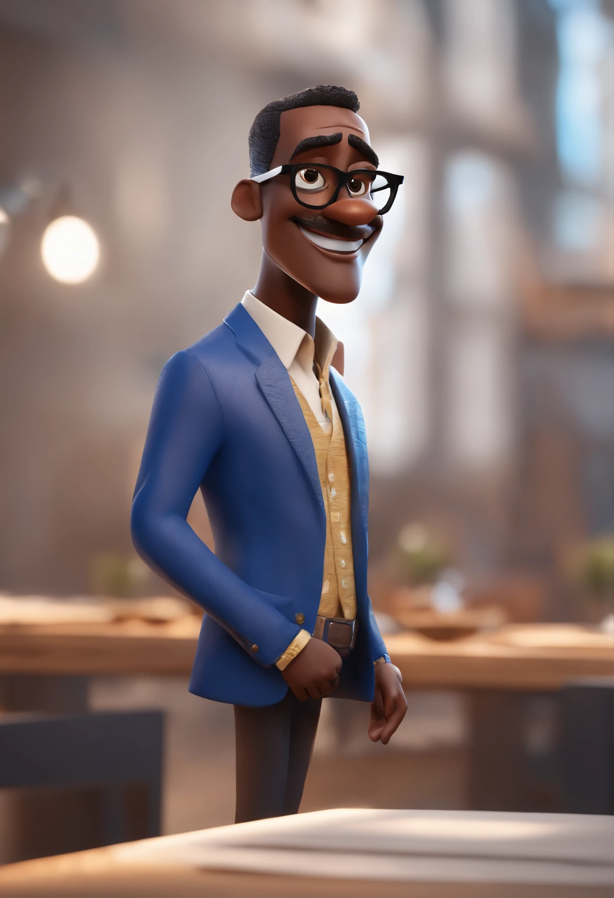 Cartoon character of a man with black glasses and a blue shirt, animation character, Caractere estilizado, animation style rendering, 3D estilizado, Arnold Maya render, 3 d render stylized, toon render keyshot, Personagem 3D, Personagem 3D, 3d rendering stylized, 3 d character render, personagem de desenho animado, Personagem de close up, Pose de personagem,  (Estilo Pixar) (master part:1.2) (Bokeh) (best quality) (pele detalhada) (textura detalhada) (8k) (argila) (Cinematic lighting) (foco nítido