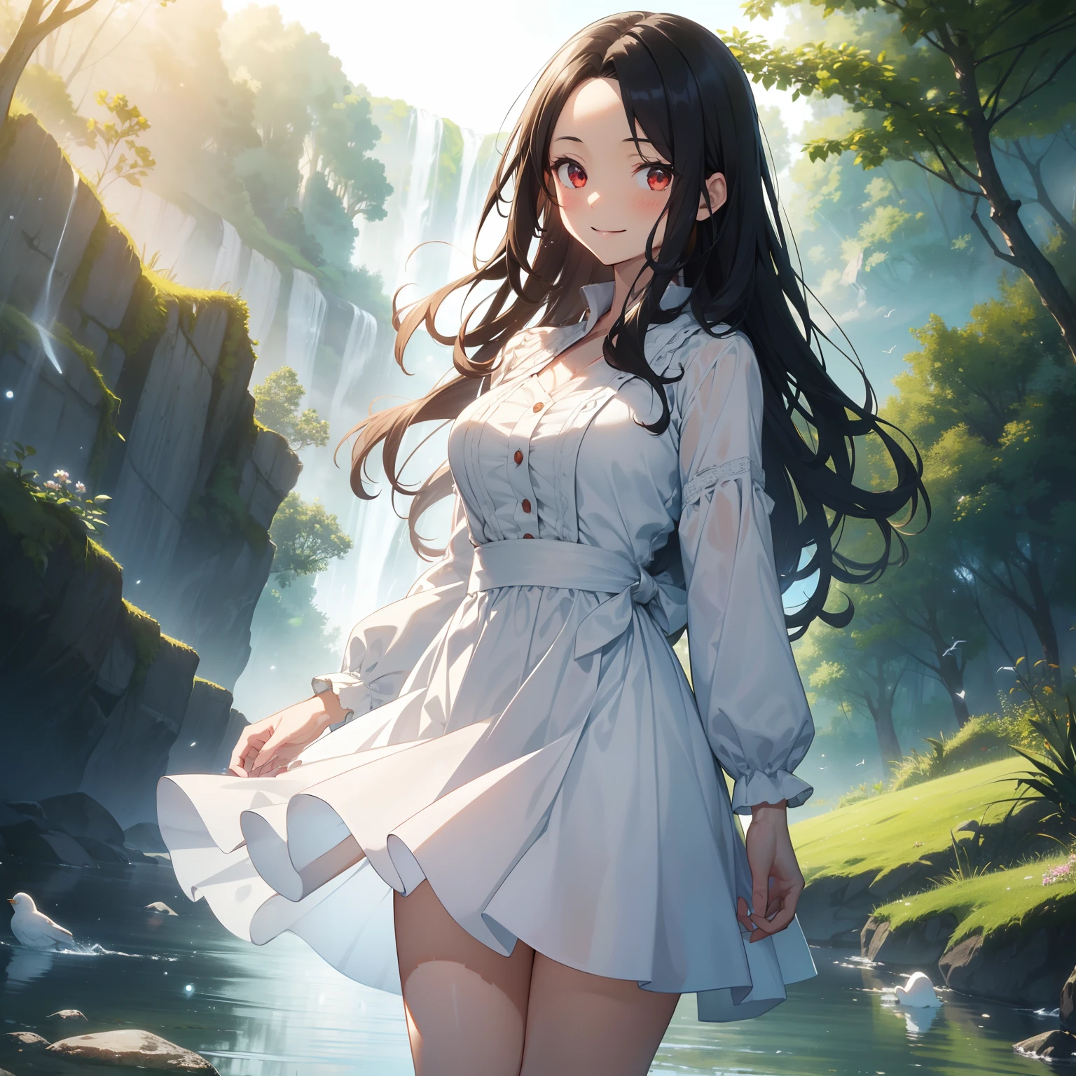 (masutepiece,Best Quality,8K),(extremely detailed CG1.1),Girl standing on the surface of the water emitting a beautiful light,Smile,large boob,(From below:1.2),Intricate details , Hyper realistic, Perfect Anatomy,A dark-haired,Red Eyes,(((Forehead))),Permed hair with wavy hair,(((length hair))),Hair over one eye,hair slicked back,(((Standing))),Full body,White Dress,blush,Happy smile,Quaint countryside cottage with a babbling brook nearby, Water droplets,Lens Flare,Wind,Magnificent view,(chromatic abberation:1.3),Dynamic Angle,bird flocks,Cowboy Shot,Looking at Viewer