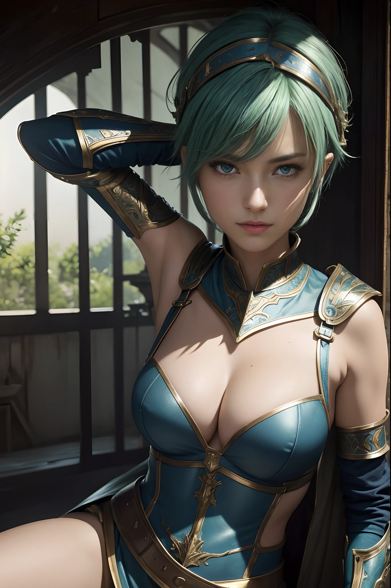 8K,超A high resolution,((Top image quality)), ((​masterpiece)), (high-detail:1.3), jeanne d'arc,Blue eyes,Shorthair with green hair,A MILF,large full breasts,Attention to detail in the decoration of the sexy chest armor,Waist and leg armor,Round shield on the left arm,beautiful expression,enchanted,A sexy,Scenes of armor damage during the war