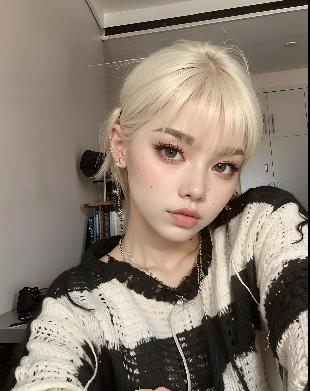 mulher com cabelos loiros e piercings posando para uma foto, franja branca, com franja completa, cabelo whitebangs cabelo, com franja, cabelo preto e franja branca, franja fofa, Lalisa Manobal, branco hime corte penteado, cabelo arrumado com franja, Parque Roseanne do Blackpink, com cabelo curto com franja, very very pale blond hair