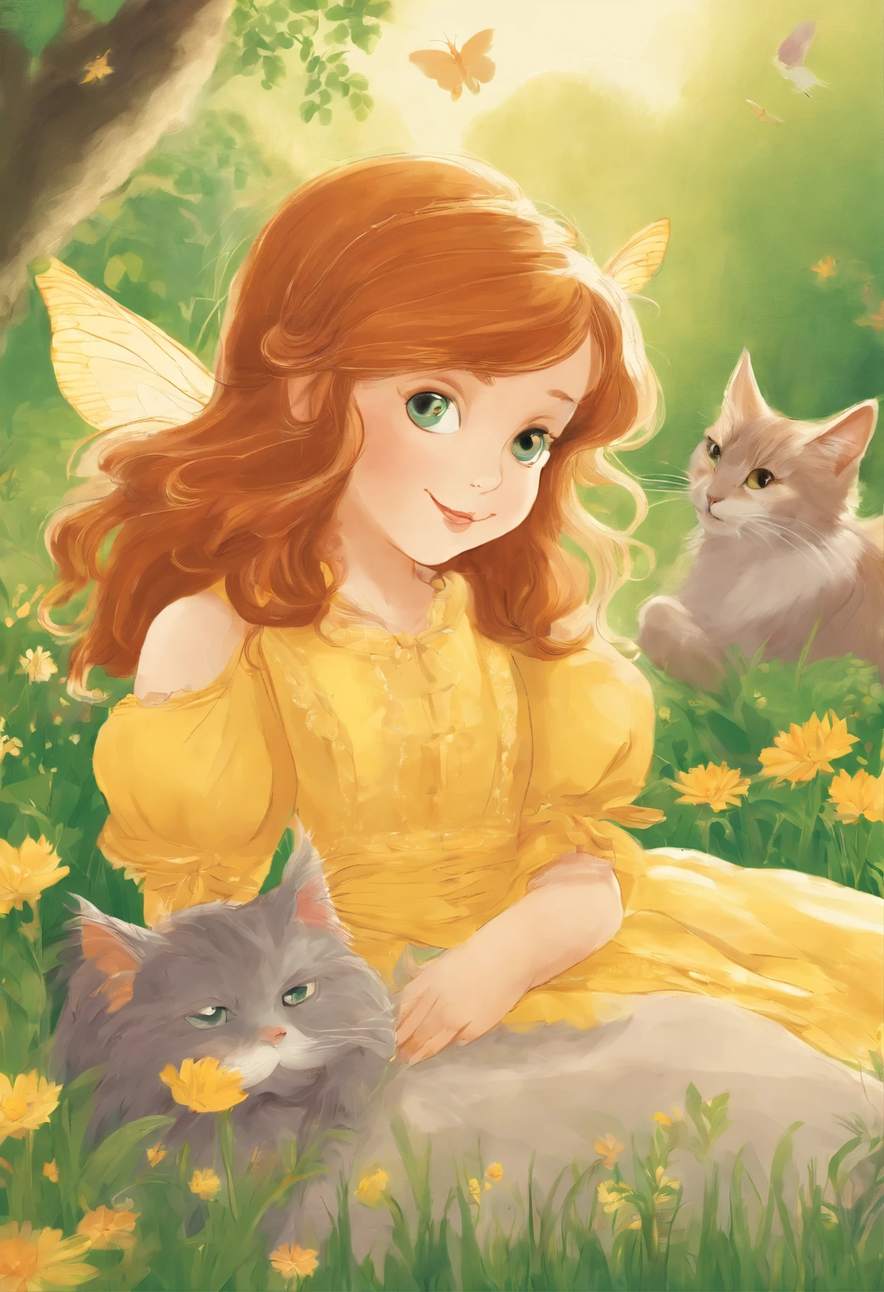 A -yeld chnut-haired girl and a light gray cat are basking in the sun on the lawn of a sun-drenched park Fantastic and happy feeling The overall design is classical and the color is strong yellow Picture book illustrations