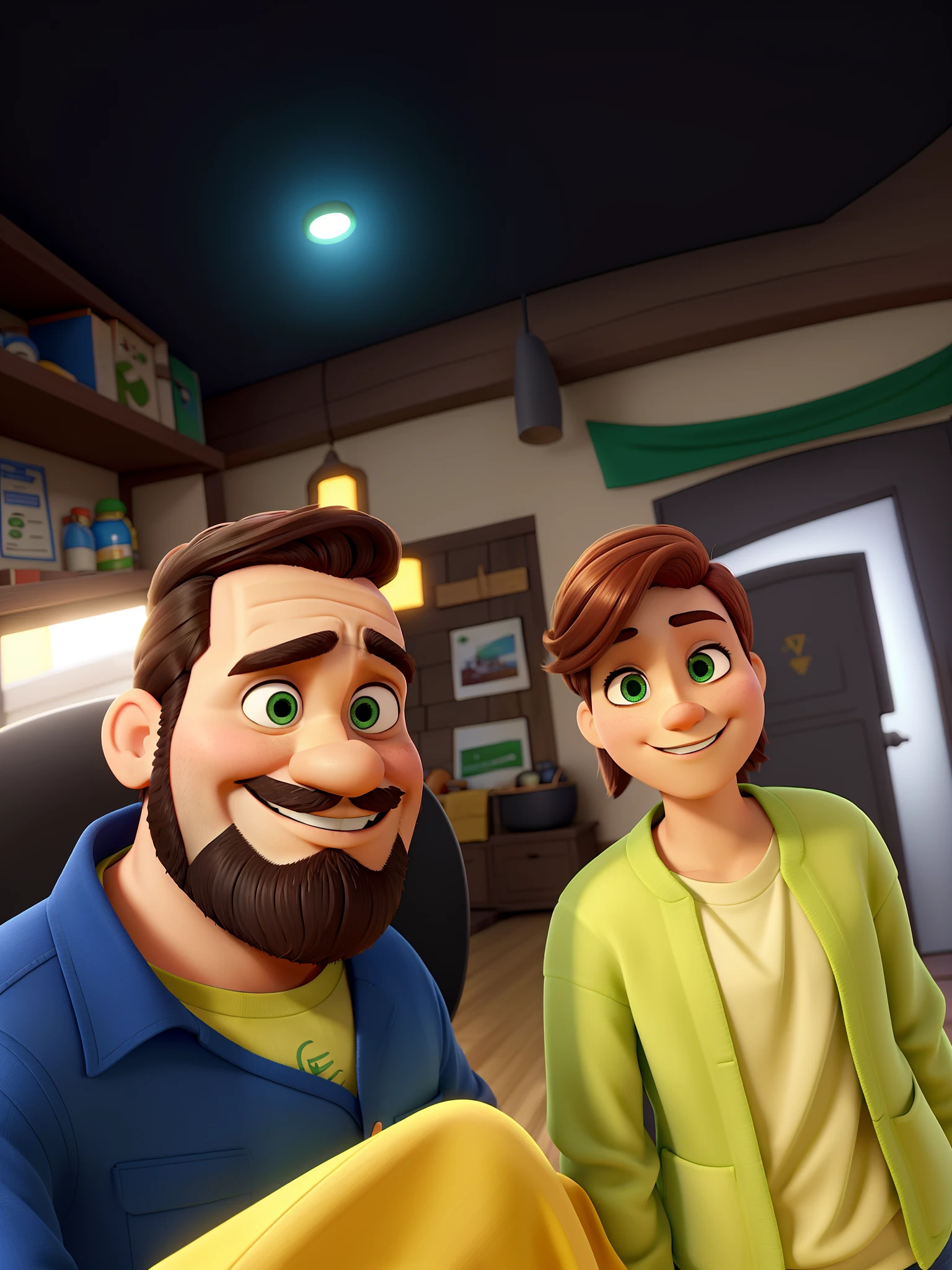 Homem com barba e mulher com cabelo preso sorrindo de olhos verdes, foto em estilo Pixar, trabalhando na rua, boa qualidade, melhor qualidade