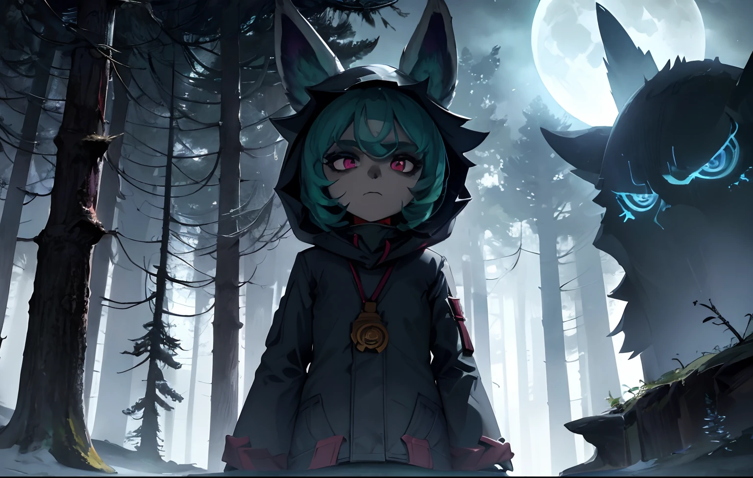 vex1, (grey skin:1), upper body, mature, standing, outdoors, sky, closed mouth, glare, looking at viewer, forest, night, deep night, trees, moon rays, moon, detailed background, best quality, masterpiece, comic,novel illustration, backlighting,extremely detailed CG, 8k wallpaper, cute, bright, high quality, (masterpiece:1.3),