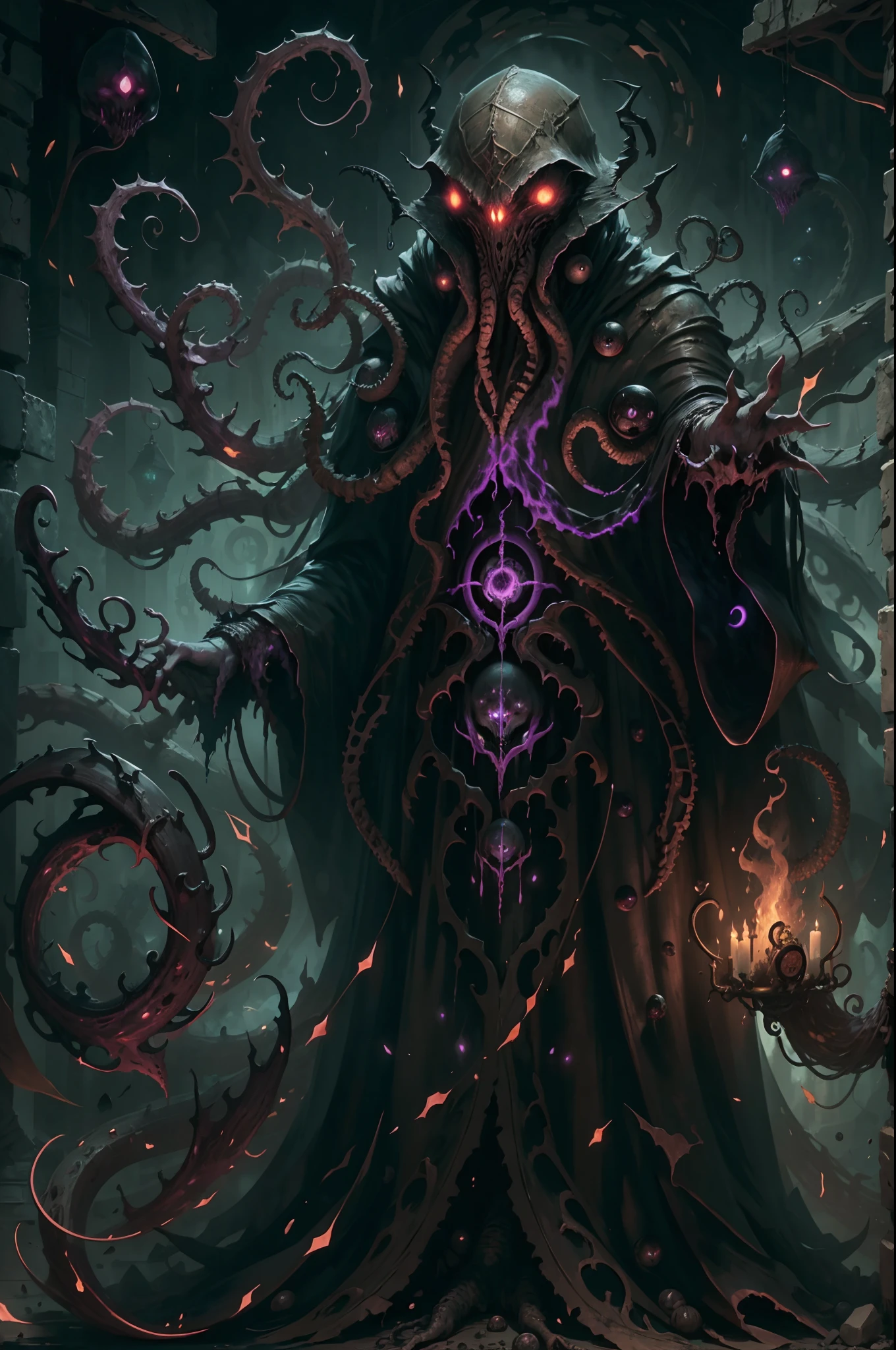 (best quality,4k,highres),deadly Cthulhu magician,HP.lovecraft style,eldritch abomination,cosmic horror,ominous atmosphere,mythical creature,dark and brooding,ancient arcane powers,flickering candlelight,gloomy setting,mystical symbols,insane cultists,summoning ritual,distorted reality,otherworldly tentacles,bloodshot eyes,shadowy figure,ominous aura,menacing gaze,dreadful presence,throbbing veins,insanity-inducing spells,cold and damp dungeon,forbidden knowledge,surreal and nightmarish,apocalyptic backdrop,elongated limbs,demonic whispers,fear and terror,dread and madness,disturbing and unsettling,macabre and grotesque,unimaginable horrors,infinite abyss.

Be aware of：Here is an example prompt，You can build your own prompt based on your imagination and creativity。Make sure every detail is added appropriately to your prompt，And remember to adjust the strength of the keywords as needed。