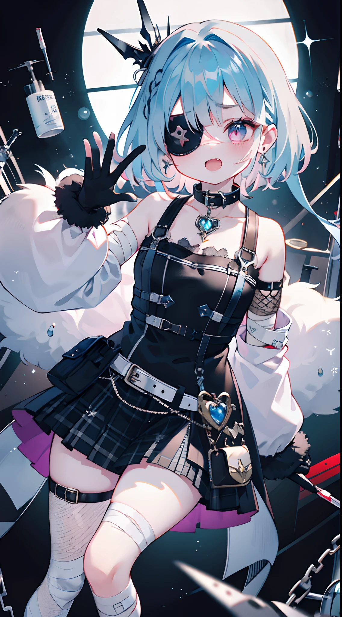 Purple plaid skirt,rivet,leather belt,fang,ta fashion,Lolityle,Lori,cuteness, Lolita GY2K,Emo style,non-mainstream,Mines are girls,Harajuku style,Exaggerated dressing,Intricate ornaments,Rock style,Gothic style,rivet,ear ring,two tone hair,Pink and blue hair,Half-cut gloves,Leg rings,Metal jewelry,Blood,Maniacal laughter,Sick,fishnet stockings,Unilateral eye patch,Sutures,bandages,Cardioidary,syringe,Metal buckle,Collar