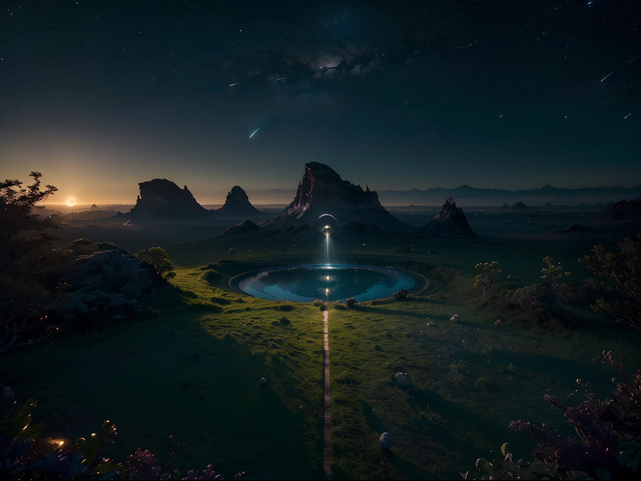 (highres:1.2),ultra-detailed,(realistic:1.37),UHD image,(otherworldly:1.1,alien:1.1) landscape at dusk, multiple moons in the sky, dazzling array of stars, vibrant exotic vegetation covering the ground, surreal atmosphere, ethereal lighting, mysterious shadows, dreamlike colors, incredible depth of field, atmospheric perspective, tranquility, serenity