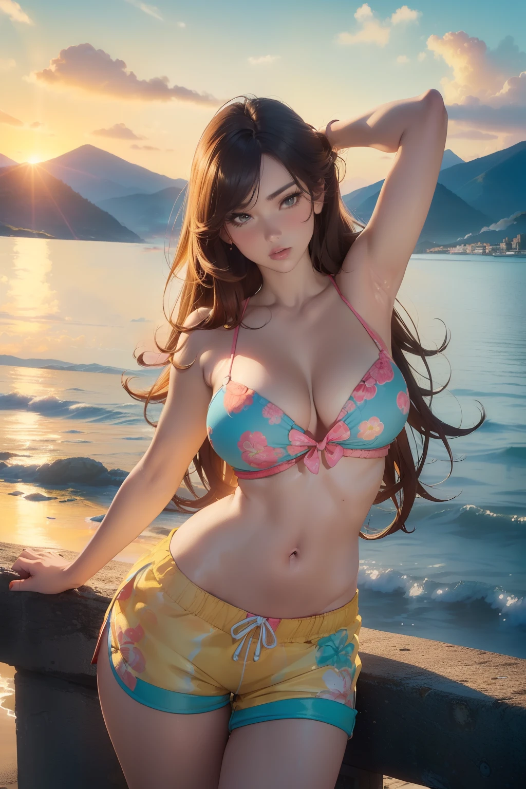 ((masterpiece, best quality, cinematic, photorealistic, ultra-detailed)), ((close-up shot)), ((alluring girl)), ((voluptuous body, perfect anatomy, sexy body)), ((glossy red skin, hot and sexy)), ((perfect hands)), ((large breasts)), ((long round legs)), ((detailed and shiny hair, dark brown hair color, wavy hairstyle)), ((wearing sando, in sunny yellow with white stripes color:1.2)), ((wearing pekpek shorts, in turquoise blue with coral pink floral patterns:1.3)), ((sensual pose:1.4)), ((seaside, sunset, mountains, clouds))