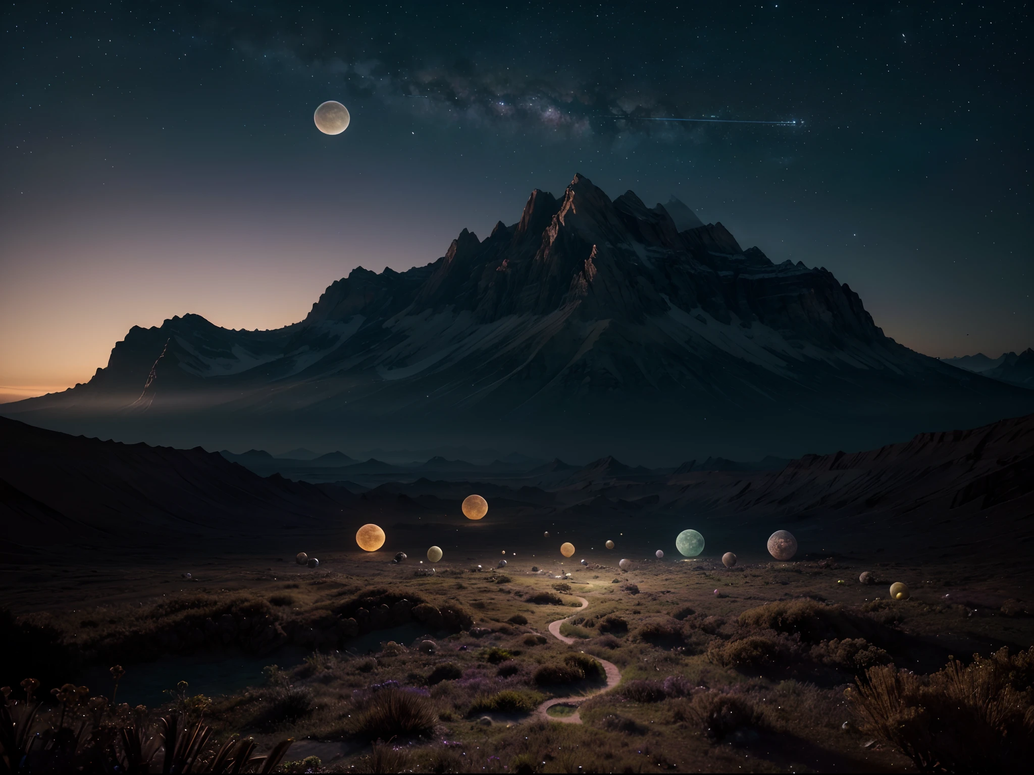 (highres:1.2),ultra-detailed,(realistic:1.37),UHD image,(otherworldly:1.1,alien:1.1) landscape at dusk, multiple moons in the sky, dazzling array of stars, vibrant exotic vegetation covering the ground, surreal atmosphere, ethereal lighting, mysterious shadows, dreamlike colors, incredible depth of field, atmospheric perspective, tranquility, serenity