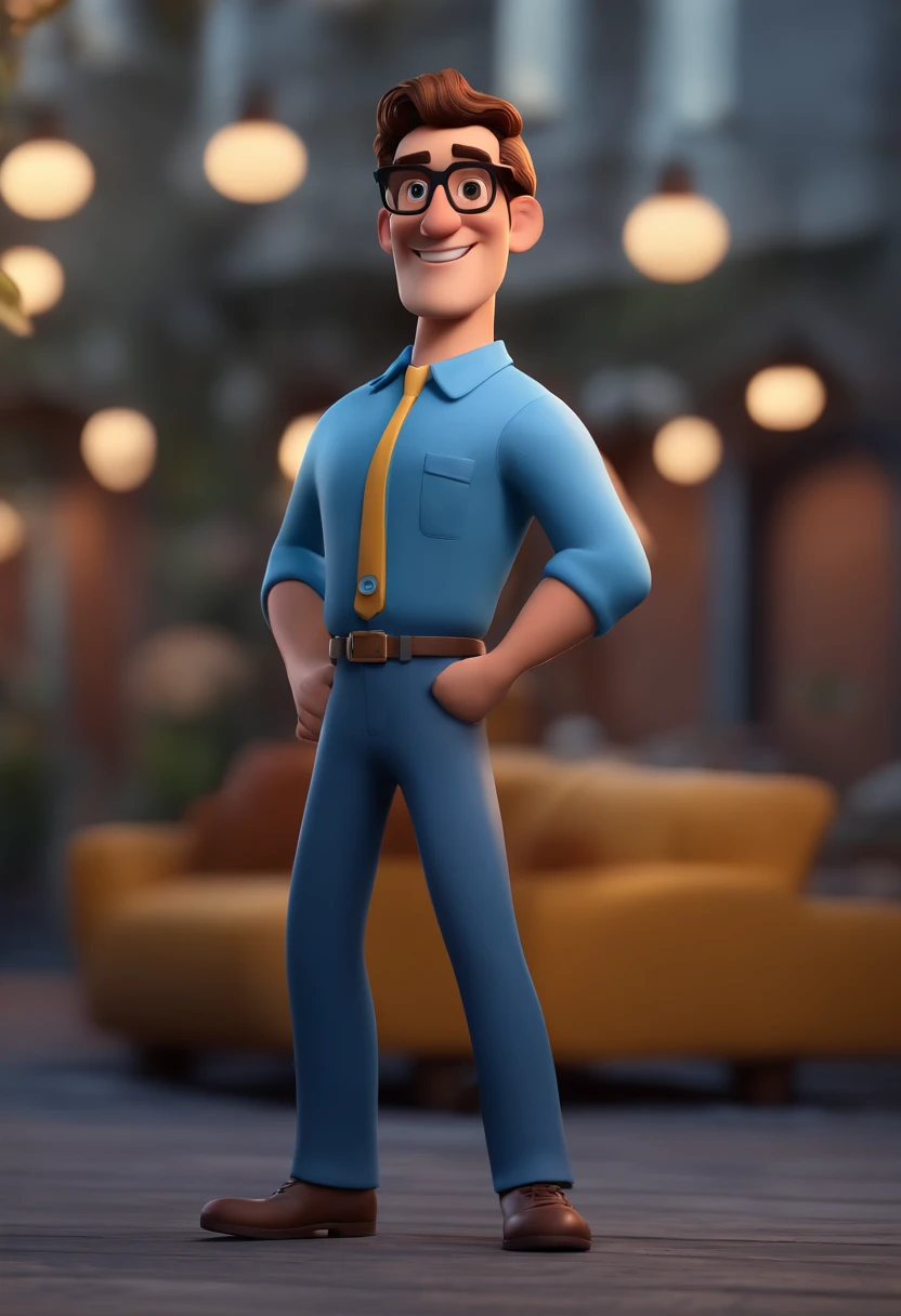 Cartoon character of a man with black glasses and a blue shirt, animation character, Caractere estilizado, animation style rendering, 3D estilizado, Arnold Maya render, 3 d render stylized, toon render keyshot, Personagem 3D, Personagem 3D, 3d rendering stylized, 3 d character render, personagem de desenho animado, Personagem de close up, Pose de personagem, (Estilo Pixar) (master part:1.2) (Bokeh) (best quality) (pele detalhada) (textura detalhada) (8k) (argila) (Cinematic lighting) (foco nítido