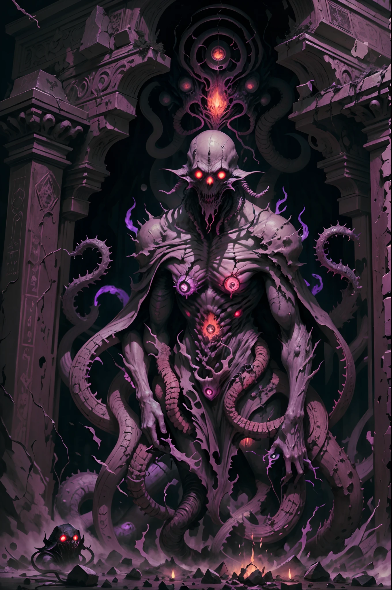 (best quality,4k,highres),deadly Cthulhu magician,HP.lovecraft style,eldritch abomination,cosmic horror,ominous atmosphere,mythical creature,dark and brooding,ancient arcane powers,flickering candlelight,gloomy setting,mystical symbols,insane cultists,summoning ritual,distorted reality,otherworldly tentacles,bloodshot eyes,shadowy figure,ominous aura,menacing gaze,dreadful presence,throbbing veins,insanity-inducing spells,cold and damp dungeon,forbidden knowledge,surreal and nightmarish,apocalyptic backdrop,elongated limbs,demonic whispers,fear and terror,dread and madness,disturbing and unsettling,macabre and grotesque,unimaginable horrors,infinite abyss.

Be aware of：Here is an example prompt，You can build your own prompt based on your imagination and creativity。Make sure every detail is added appropriately to your prompt，And remember to adjust the strength of the keywords as needed。