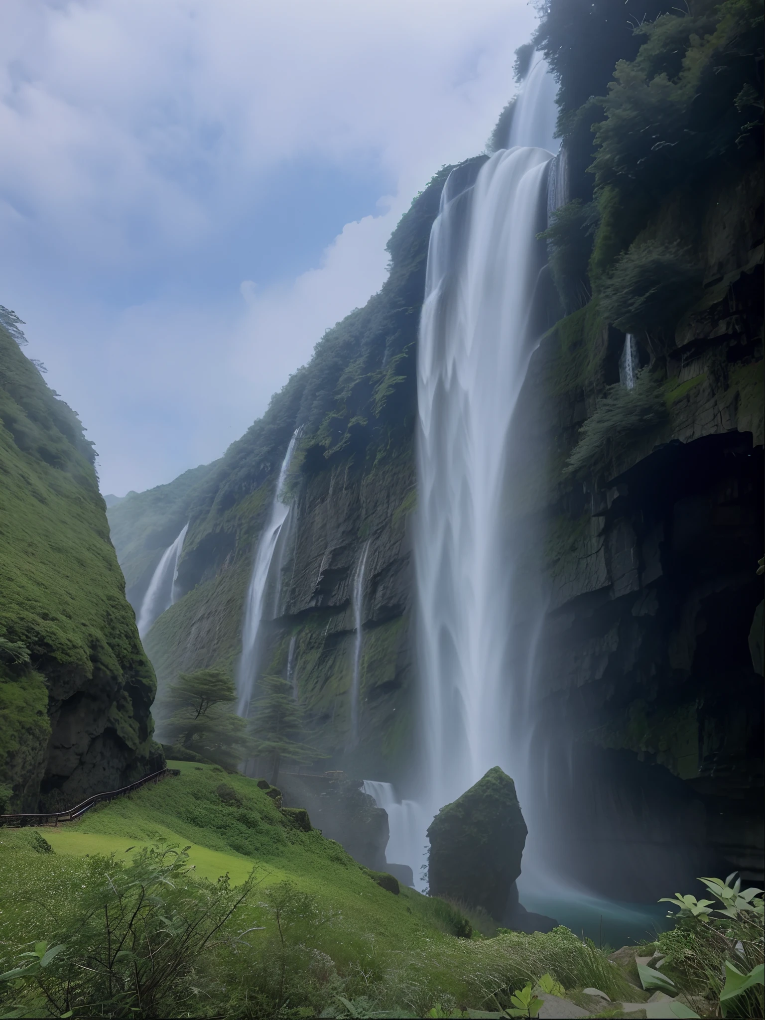 There is a waterfall flowing down the hillside, an endless waterfall, waterfall in background, waterfall in background, multiple waterfalls, high waterfalls, several waterfalls, mist from waterfall, huge waterfalls, waterfall in background, with waterfalls, with trees and waterfalls, huge waterfalls, waterfalls and lakes, Huge waterfall, distant waterfalls, waterfallr, with a waterfalls