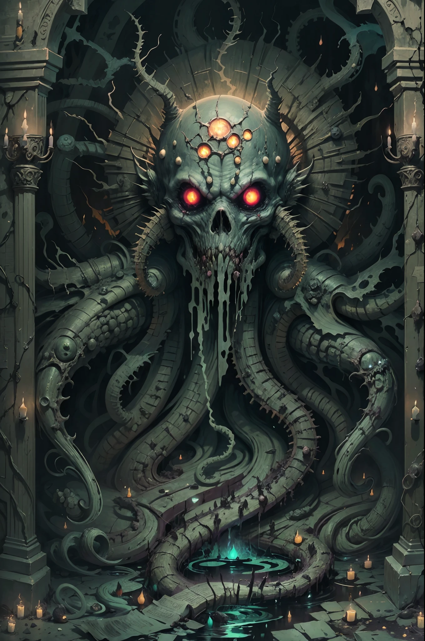 (best quality,4k,highres),deadly Cthulhu magician,HP.lovecraft style,eldritch abomination,cosmic horror,ominous atmosphere,mythical creature,dark and brooding,ancient arcane powers,flickering candlelight,gloomy setting,mystical symbols,insane cultists,summoning ritual,distorted reality,otherworldly tentacles,bloodshot eyes,shadowy figure,ominous aura,menacing gaze,dreadful presence,throbbing veins,insanity-inducing spells,cold and damp dungeon,forbidden knowledge,surreal and nightmarish,apocalyptic backdrop,elongated limbs,demonic whispers,fear and terror,dread and madness,disturbing and unsettling,macabre and grotesque,unimaginable horrors,infinite abyss.

Be aware of：Here is an example prompt，You can build your own prompt based on your imagination and creativity。Make sure every detail is added appropriately to your prompt，And remember to adjust the strength of the keywords as needed。