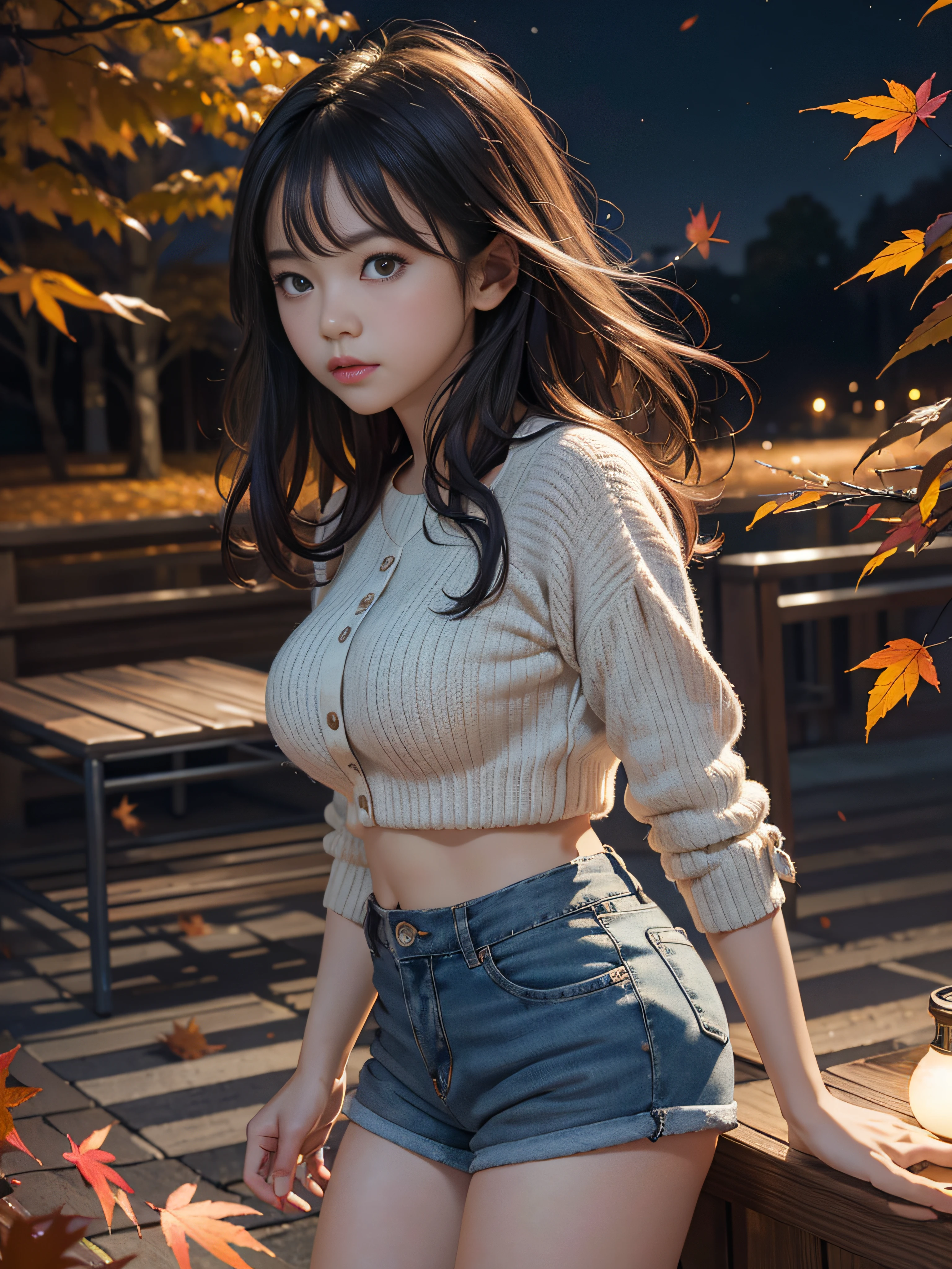 RAW image quality、8K分辨率、Ultra-high-definition CG images、Autumn leaves at night🍁、Moonlight、17 year old beautiful woman、Detailed beautiful eyes、Beautiful beautiful straight side sweep short hair、Clear skin, (Fall High School Fashion)、low rise short pants, Colossal tits、Susukihata、depth of fields、masutepiece、absurderes、24K Graphic Arts、Carefully drawn background、Composition with depth、sano、jumpy、