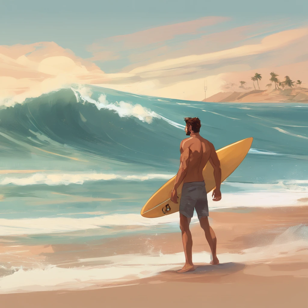A young man is standing facing the ocean while carrying and holding a surfboard, shirtless, wearing shorts, on the edge of the beach, with big waves, tropical mountain background, oil painting style
