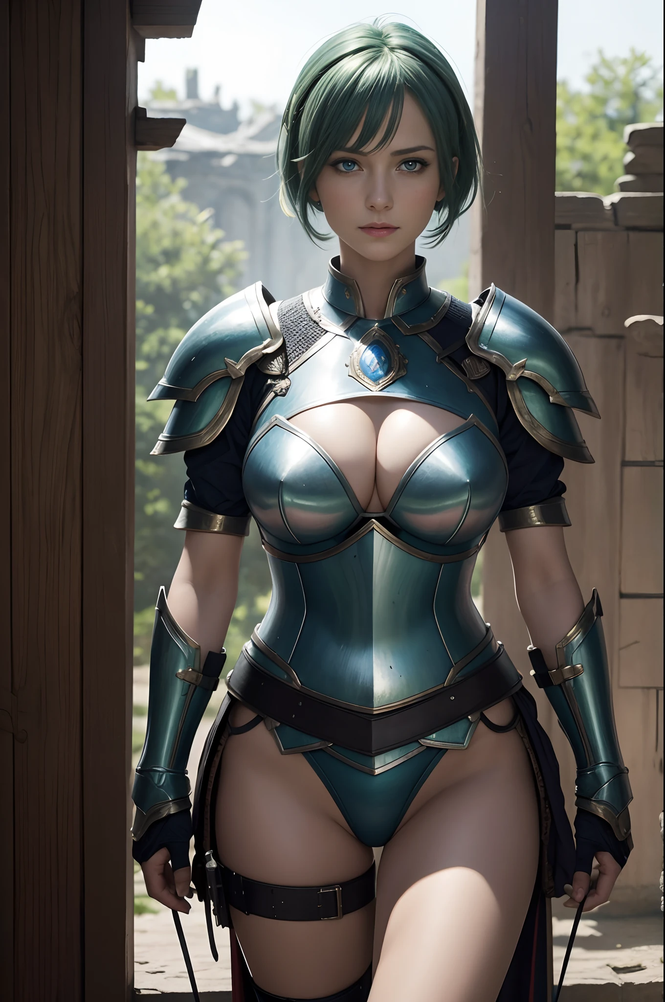 8K,超A high resolution,((Top image quality)), ((masterpiece)), (high-detail:1.3), jeanne d'arc,Blue eyes,Shorthair with green hair,A MILF,large full breasts,Attention to detail in the decoration of the sexy chest armor,Waist and leg armor,Wear a round shield on your left arm,beautiful expression,enchanted,A sexy,Scenes of armor damage during the war