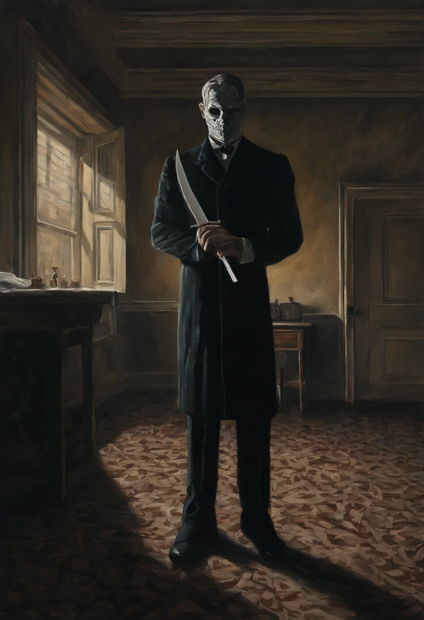 An oil painting of a butler holding a knife in an old hotel, inspired by René Magritte, sombras profundas, Impassive Expression, paleta de tons terrosos e atmosfera surreal --v 5 --stylize 1000