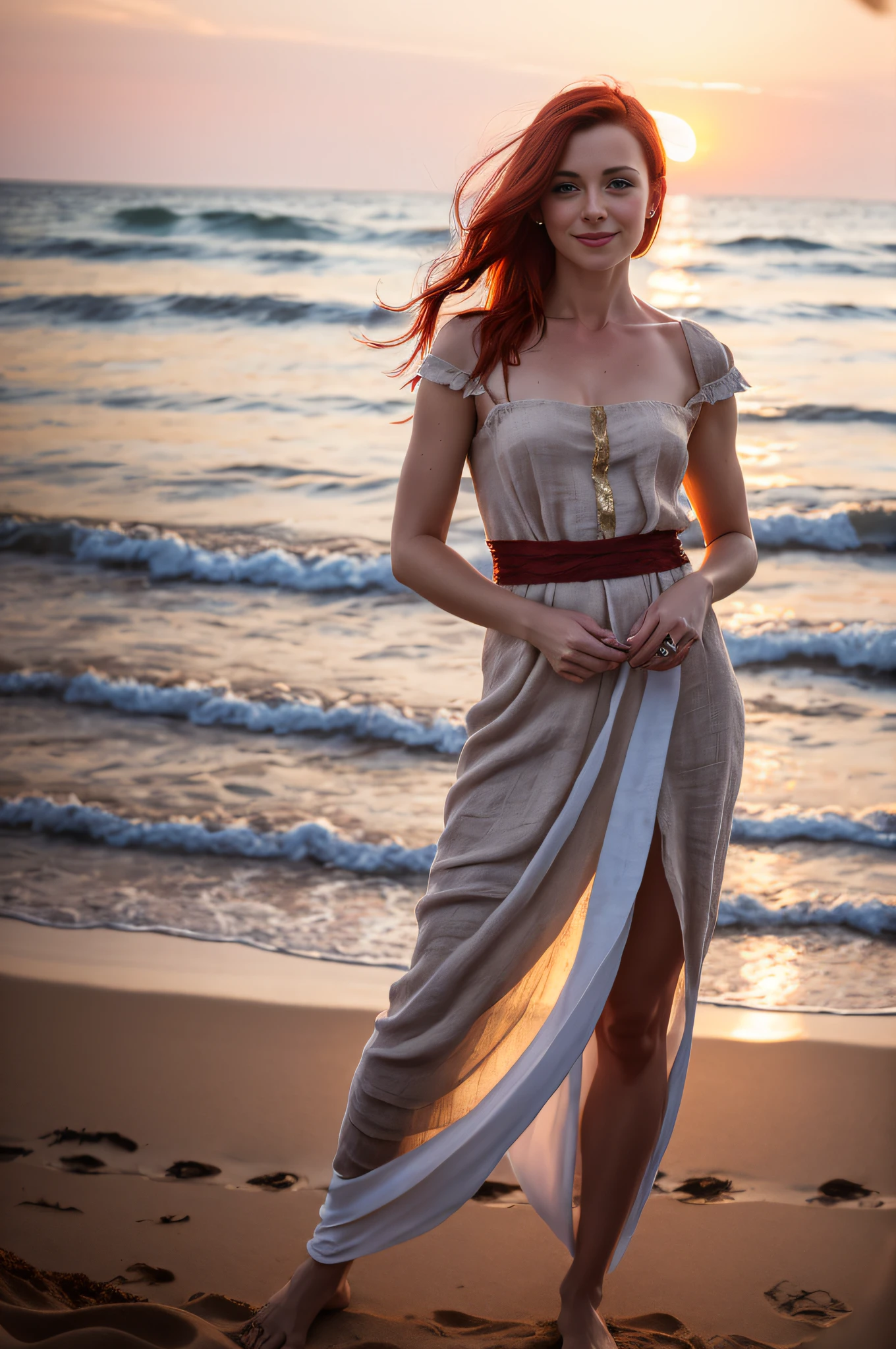 Portrait of a red-haired French woman of 21 years, small build, dressed in an antique Roman linen toga, on a beach, position of seduction, head bowed, seduction, charm, slight charming smile, loving look, sunset, cinematographic rendering, 32K, RAW