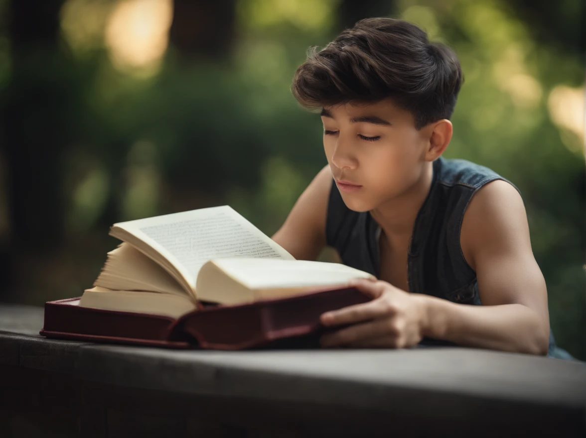 Personable man，Lateral face，Hold the book in both hands，lendo livros，Specific lenses，Perfect viewing angle，highly  detailed，Ultra photo realsisim，natural  lightting，vivd colour，All in focus，HDR, UHD, 16K