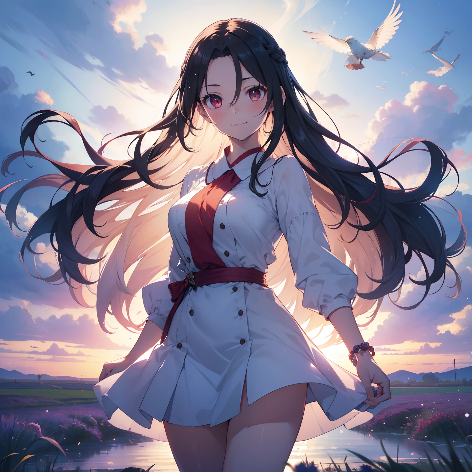 (masutepiece,Best Quality,8K),(extremely detailed CG1.1),Girl standing on the surface of the water emitting a beautiful light,Smile,large boob,(From below:1.2),Intricate details , Hyper realistic, Perfect Anatomy,A dark-haired,Red Eyes,(((Forehead))),Permed hair with wavy hair,(((length hair))),Hair over one eye,hair slicked back,(((Standing))),Full body,White Dress,blush,Happy smile,Serene lavender fields stretching as far as the eye can see, Water droplets,Lens Flare,Wind,Magnificent view,(chromatic abberation:1.3),Dynamic Angle,bird flocks,Cowboy Shot,Looking at Viewer