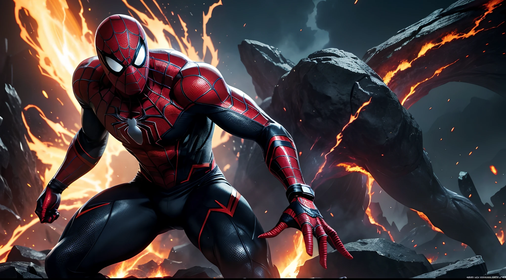 Black SPIDER MAN with handsome face, 1 character composition and beautiful scenery, depth of field, glowing red eyes, transformation state mode, extreme instinct, epic anime about energy man, fire , lava, epic anime artwork, concept art SPIDER MAN 3 universe concept, 8k manga wallpaper, detailed anime digital art, advanced digital anime art, artwork Detailed anime art, 8k anime