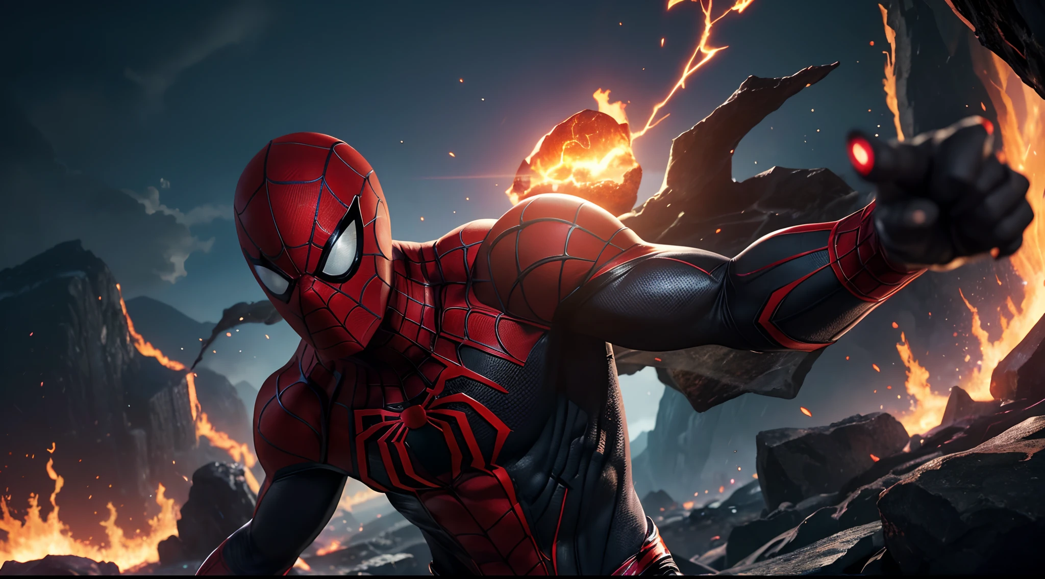 Black SPIDER MAN with handsome face, 1 character composition and beautiful scenery, depth of field, glowing red eyes, transformation state mode, extreme instinct, epic anime about energy man, fire , lava, epic anime artwork, concept art SPIDER MAN 3 universe concept, 8k manga wallpaper, detailed anime digital art, advanced digital anime art, artwork Detailed anime art, 8k anime