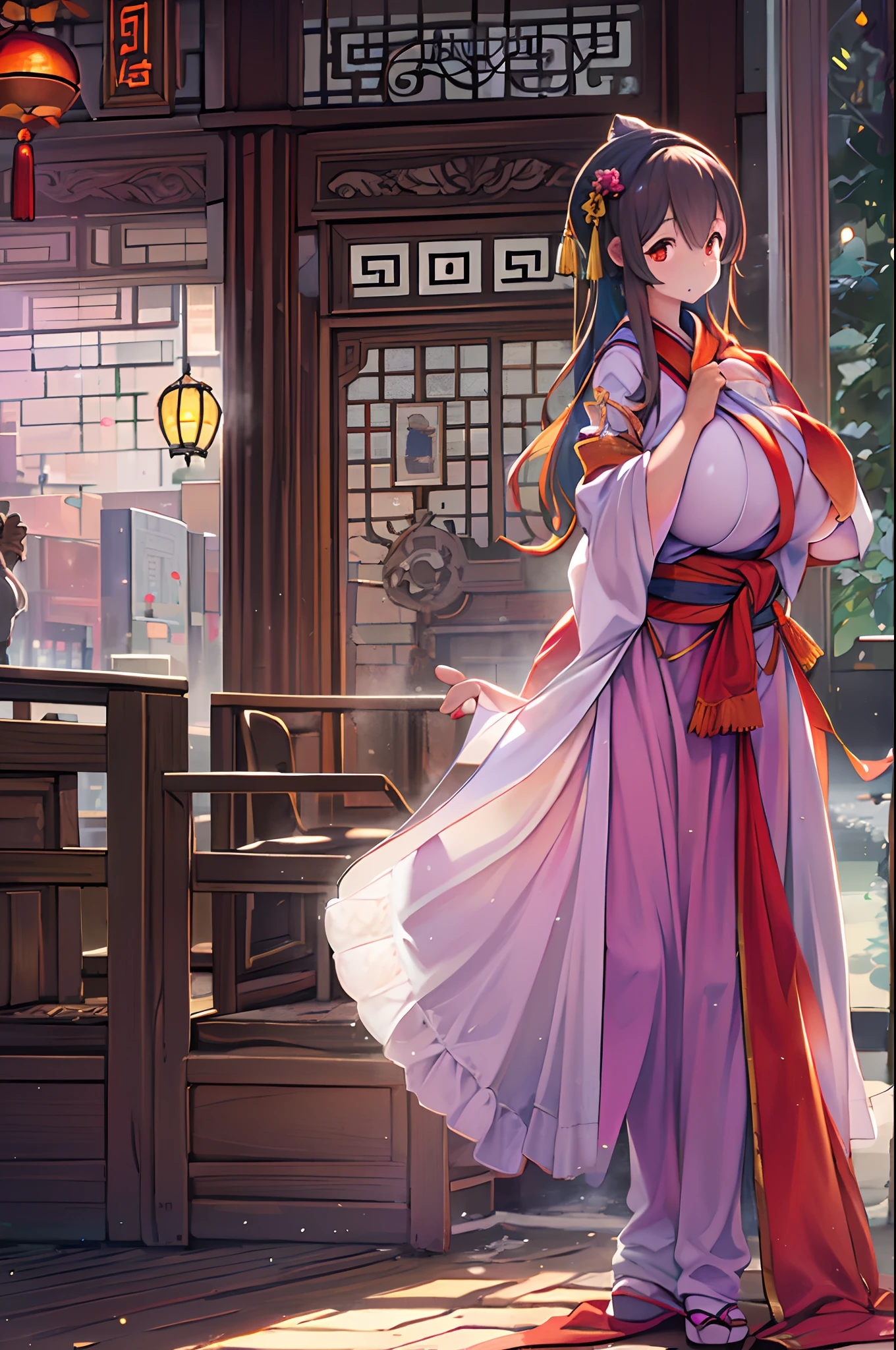 Best Quality, masutepiece, hight resolution, 1girl in, china hanfu,Background of Chinese architects, red scarf, Hair Ornament,Necklace, Jewelry,Beautiful face,Inserting a into the_Body, Tindall Effect,Photorealistic, Dark Studio, Rim lighting, two tone lighting,(High detailed skin:1.2), 8K UHD, Digital SLR, Soft lighting, High quality, Volumetric lighting, Candid, photograph, High resolution, 4K, 8K, Bokeh,Red Dress Girl、huge-breasted、bbw