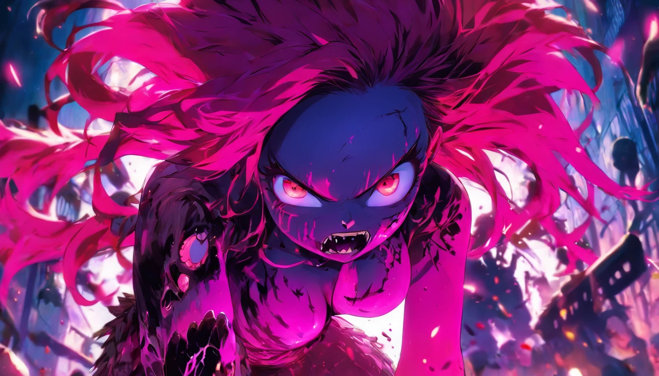 black and pink hair, brown skin, pink eyes, undead, boobs, zombie,large breast, cleavage