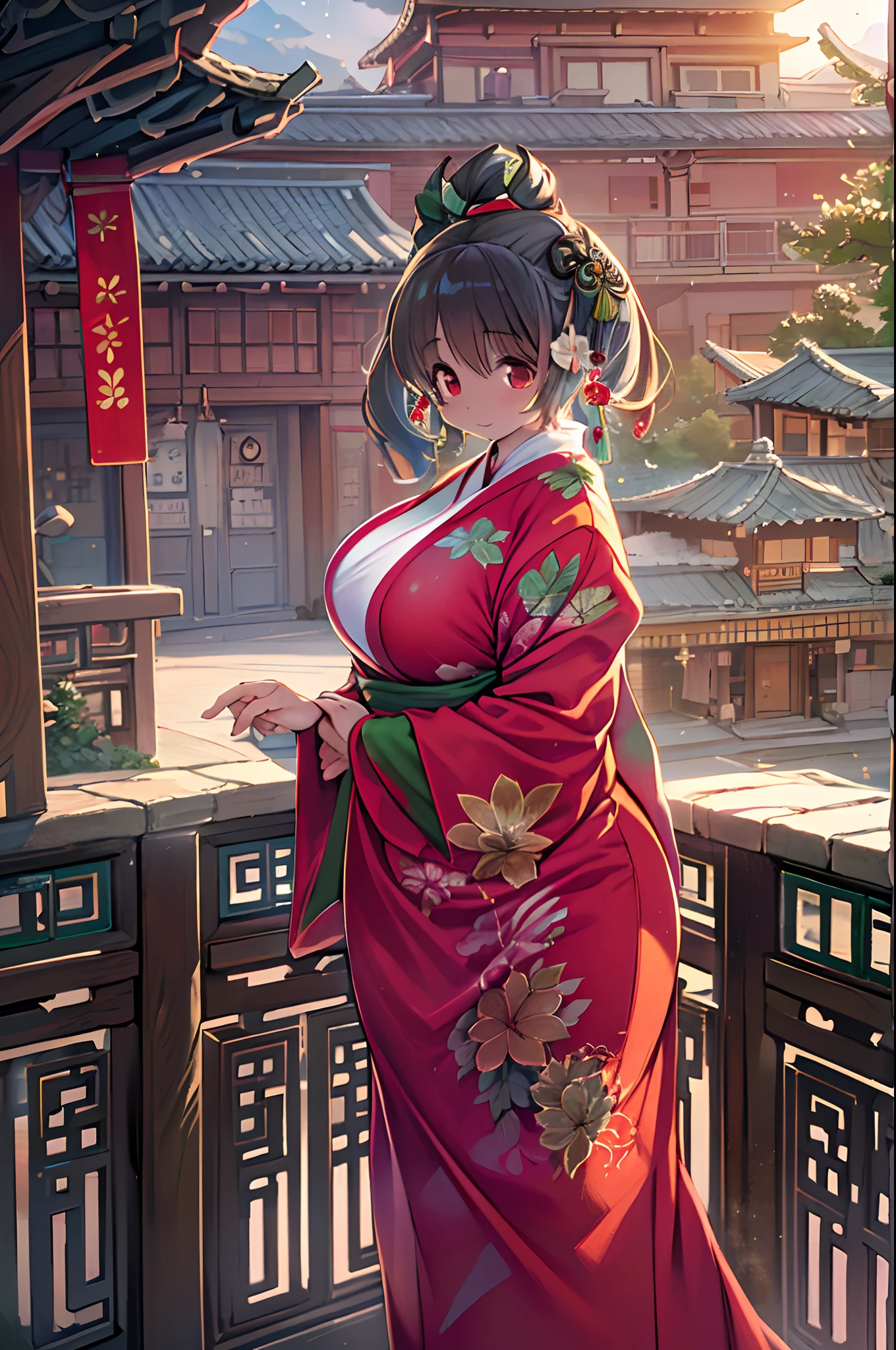 Best Quality, masutepiece, hight resolution, 1girl in, china hanfu,Background of Chinese architects, red scarf, Hair Ornament,Necklace, Jewelry,Beautiful face,Inserting a into the_Body, Tindall Effect,Photorealistic, Dark Studio, Rim lighting, two tone lighting,(High detailed skin:1.2), 8K UHD, Digital SLR, Soft lighting, High quality, Volumetric lighting, Candid, photograph, High resolution, 4K, 8K, Bokeh,Red Dress Girl、huge-breasted、bbw
