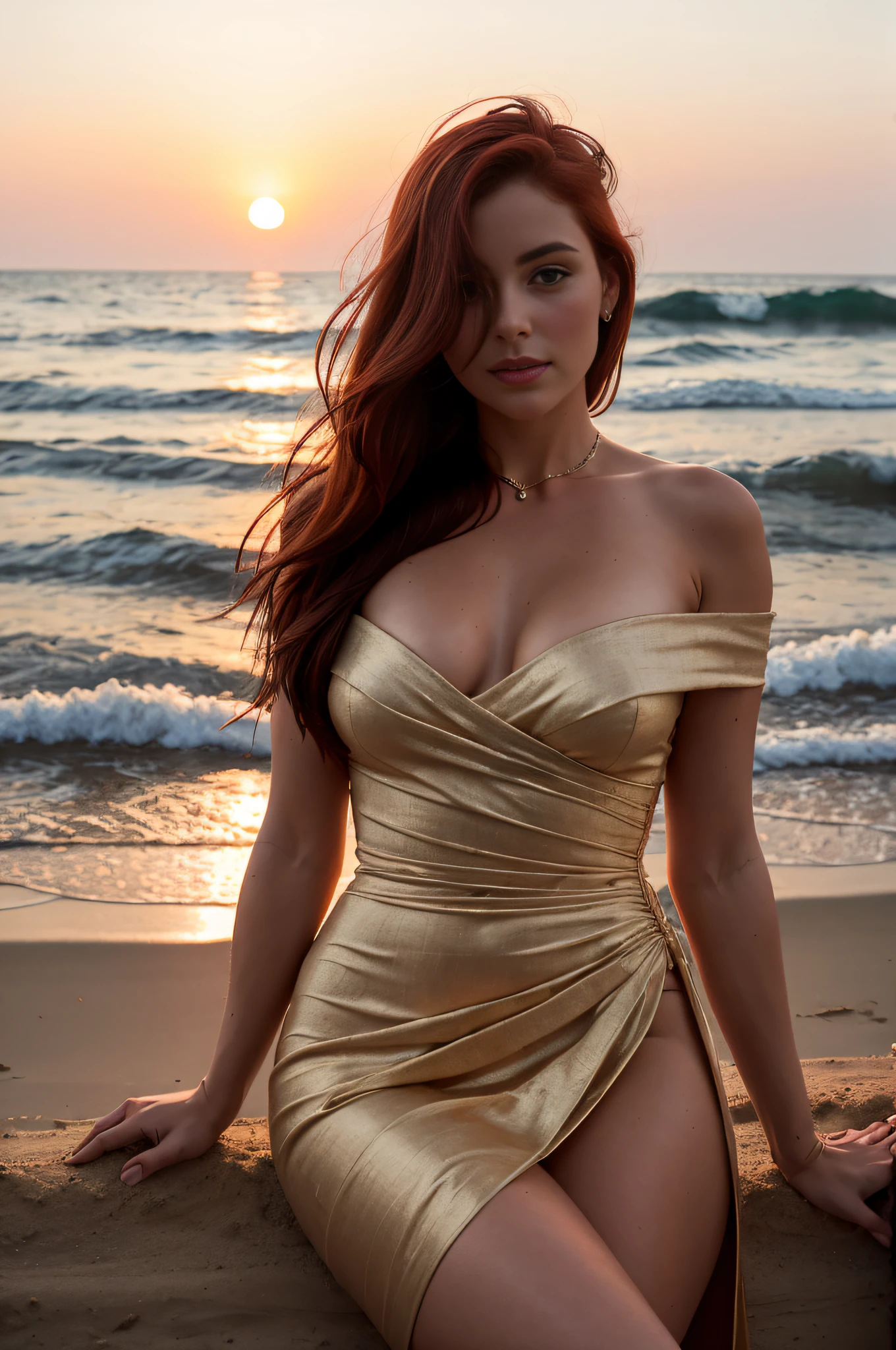 Portrait of the thighs at the head of a red-haired French woman of 19 years, small build, dressed in an antique Roman dress drapped in ecru linen, on a beach, position of seduction, head bowed, charm, loving gaze, sunset, cinematographic rendering, 32K, RAW
