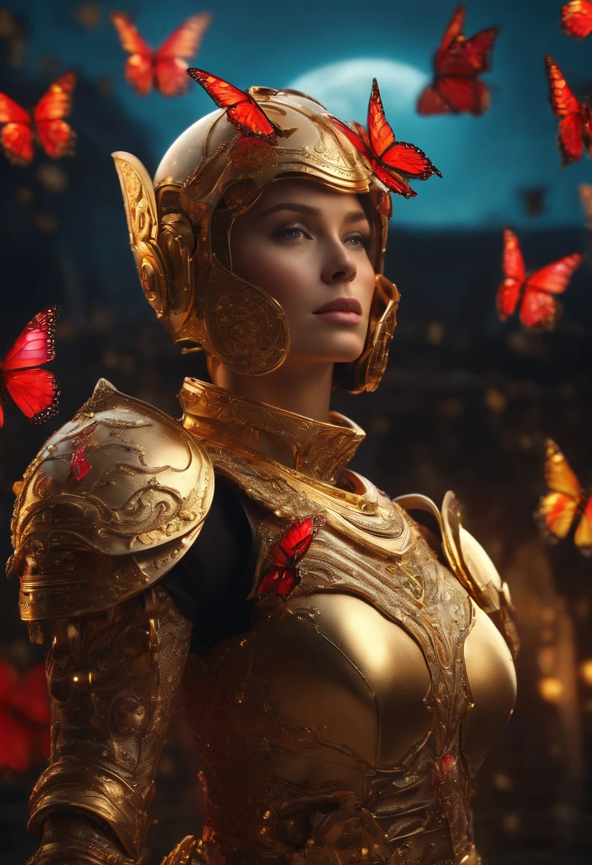 (best quality,4k,8k,highres,masterpiece:1.2),ultra-detailed,realistic, HDR, UHD, studio lighting, humanoid robot, magnificent woman, golden helmet with red LEDs, golden boots, lunar background with giant colorful butterflies, fluorescent glasses, studded belt