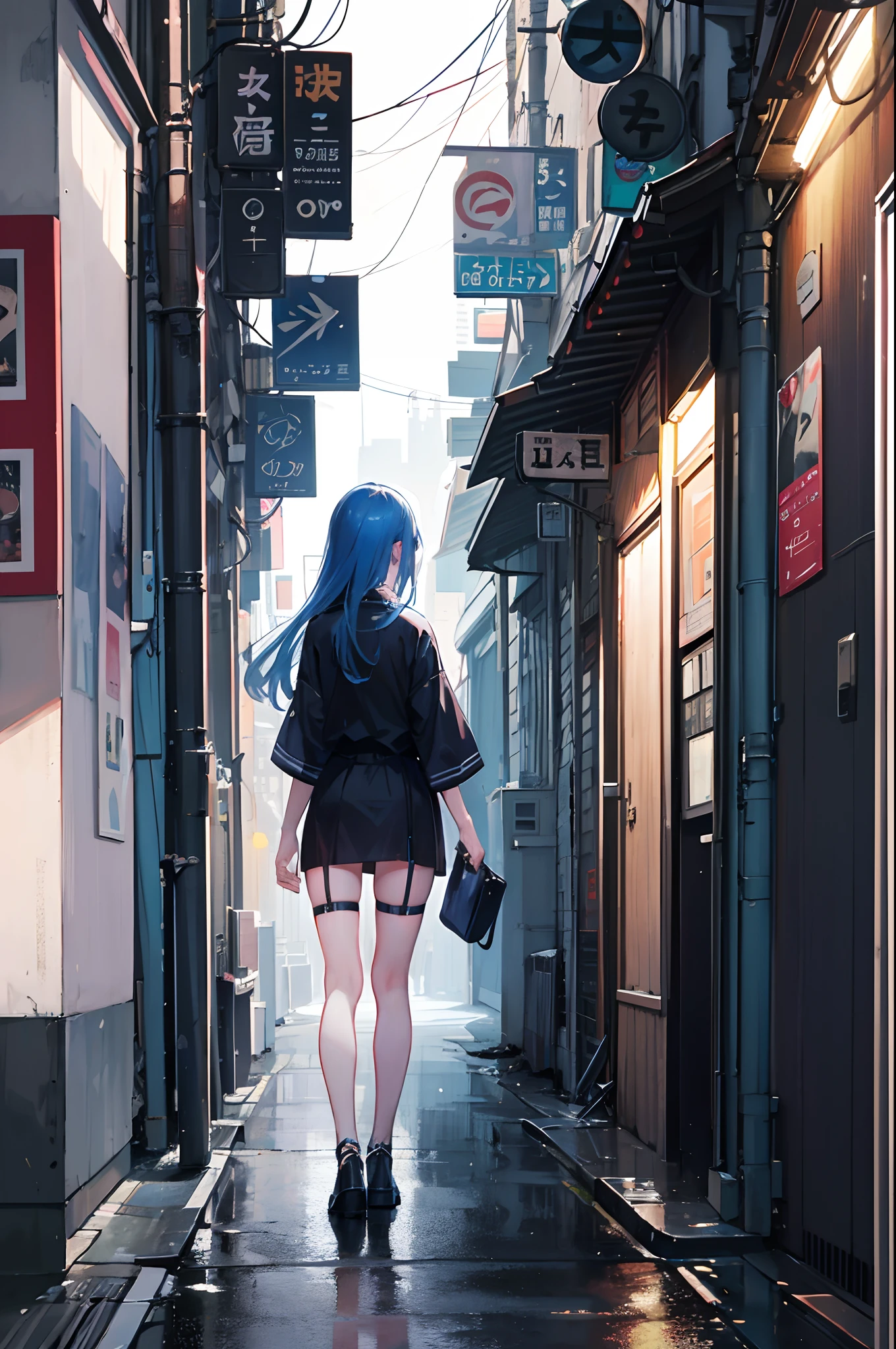 (best quality, masterpiece: 1.3), 1girl, rainy day, fog, alley, umbrella holding, large and transparent umbrella, looking at the viewer, blue hair, facing the photo, cyberpunk city, alone in the alley, neon in the alley, very reflective city, long hair, sized strands going over the alley, bars, Japan, Tokyo, garter belt on one leg,  knee pad on the other leg, perfect hand, delicate, night