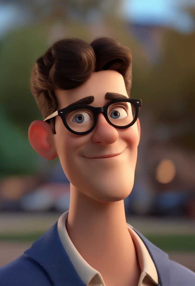 Cartoon character of a man wearing black glasses and a blue shirt, um personagem animado, Caractere estilizado, animation style rendering, 3D estilizado, Arnold Maya render, 3 d render stylized, toon render keyshot, Personagem 3D, Personagem 3D, 3d rendering stylized, 3 d character render, personagem de desenho animado, Personagem de close up, Pose de personagem, (Estilo Pixar) (master part:1.2) (Bokeh) (best quality) (pele detalhada) (textura detalhada) (8k) (argila) (Cinematic lighting) (foco nítido，Senta e vaza a parte superior do corpo