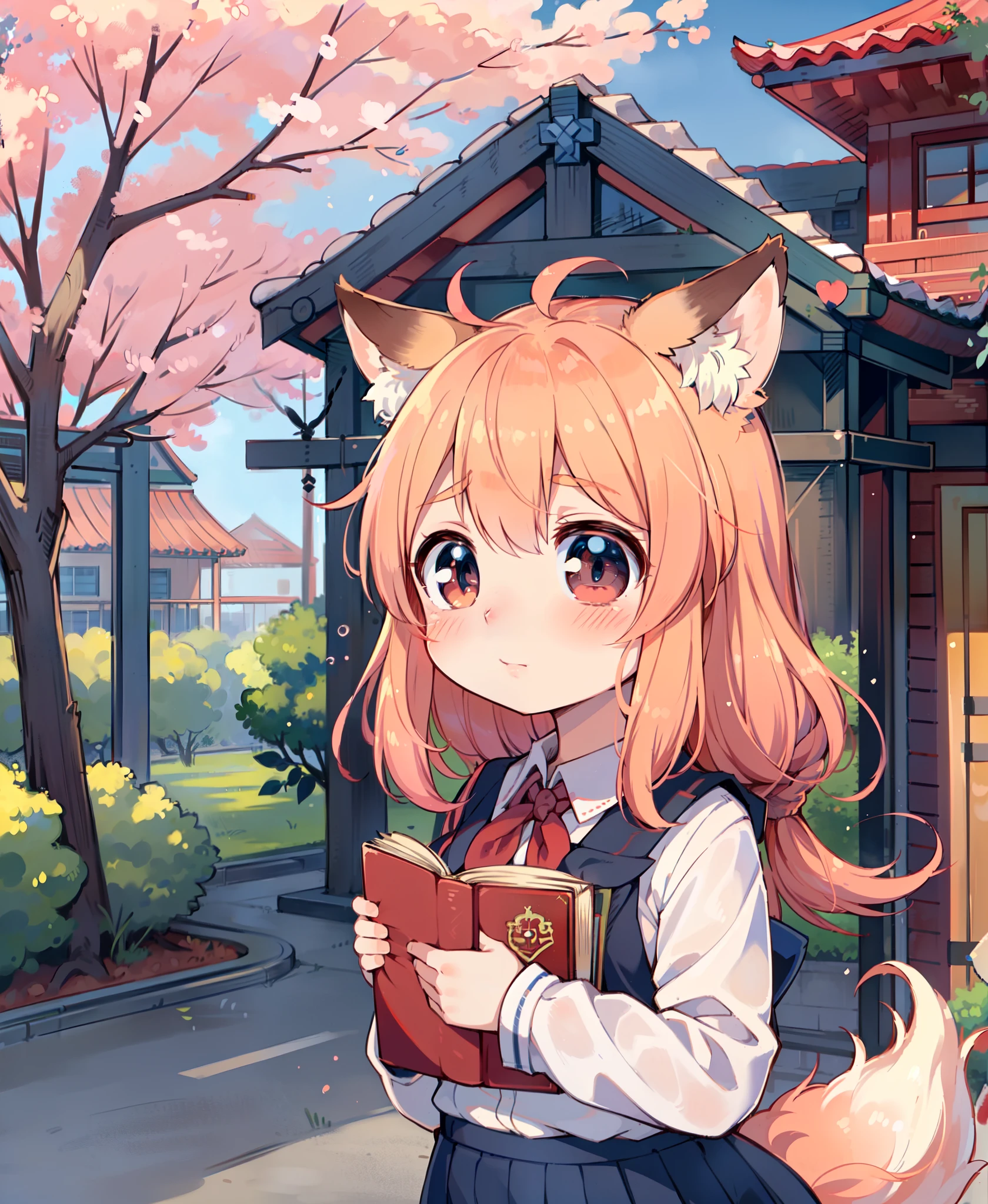 outdoor, anime style, detailed background, school setting, human girl, fox girl hybrid, (schoolgirl uniform), cute and innocent expression, (large eyes), (blushing:0.9), holding a textbook, playful, masterpiece, (by kawacy:0.8), (by moekyun), (by hews hack), (by sakimichan)