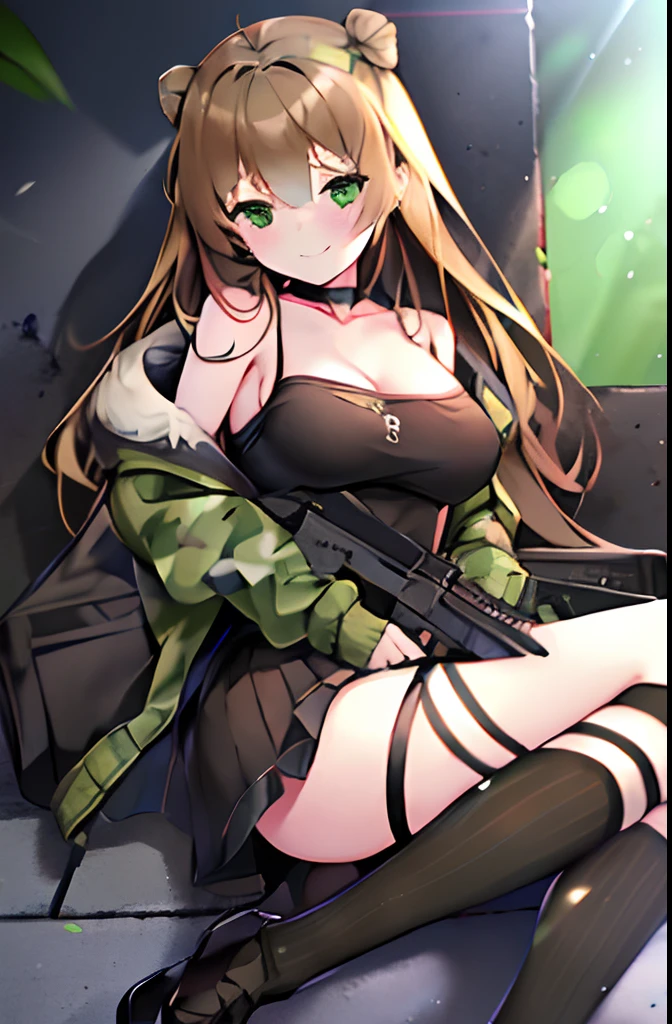 1girl, absurdres, assault_rifle, asymmetrical_legwear, black_dress, blush, breasts, bullpup, camouflage, choker, collarbone, commentary_request, dress, fingerless_gloves, full_body, fur_trim, gatari, girls'_frontline, gloves, green_eyes, green_legwear, gun, highres, jacket, light_brown_hair, long_hair, looking_at_viewer, lying, medium_breasts, military_jacket, mismatched_legwear, on_back, open_clothes, open_jacket, rfb_(girls'_frontline), rifle, short_dress, sleeveless, sleeveless_dress, smile, socks, solo, striped, striped_socks, thigh_strap, thighs, uneven_legwear, vertical-striped_socks, vertical_stripes, wavy_hair, weapon