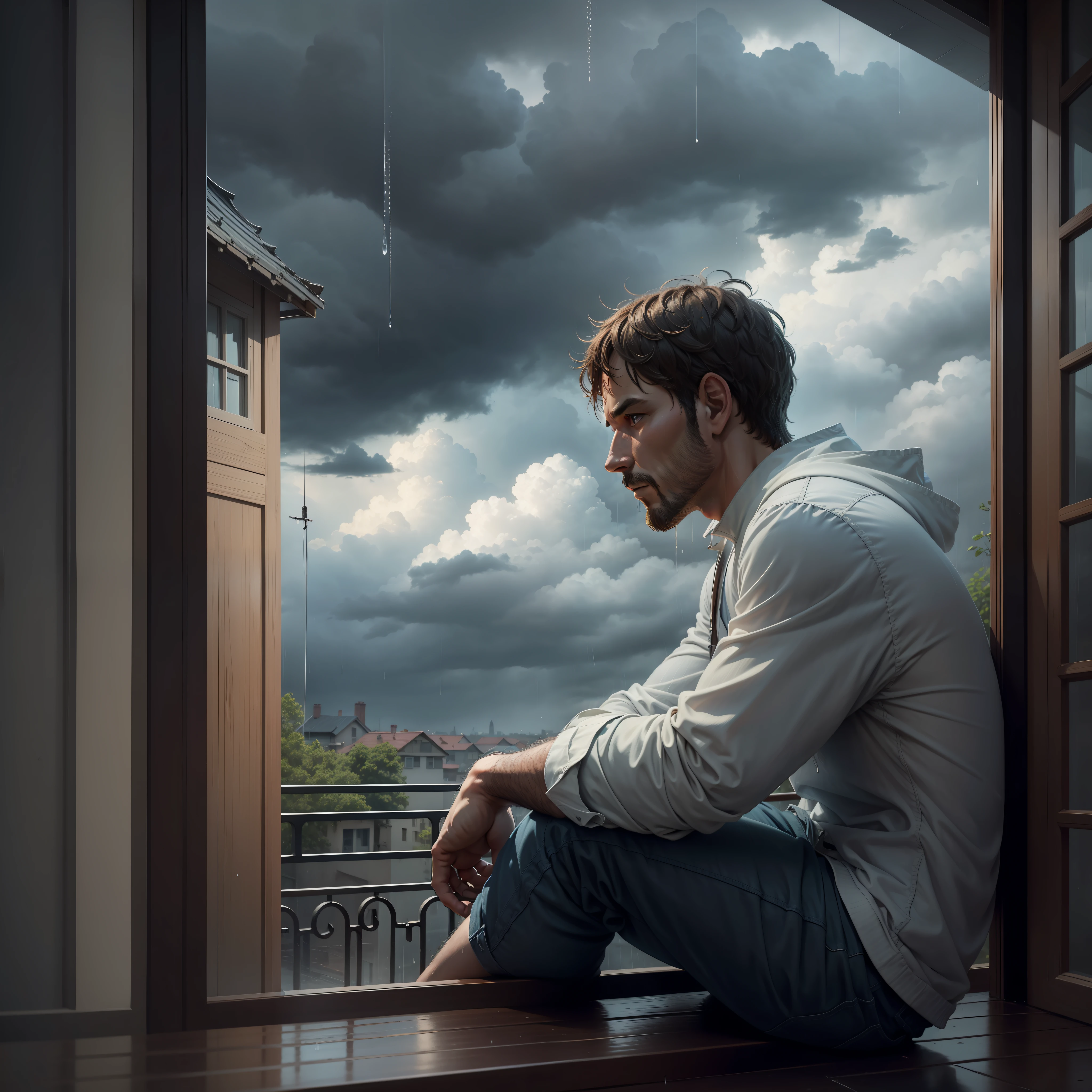 a forty years old man, looking at rain, sitting,balcony, old house, cloudy, thunder, 8k detailed, (masterpiece)